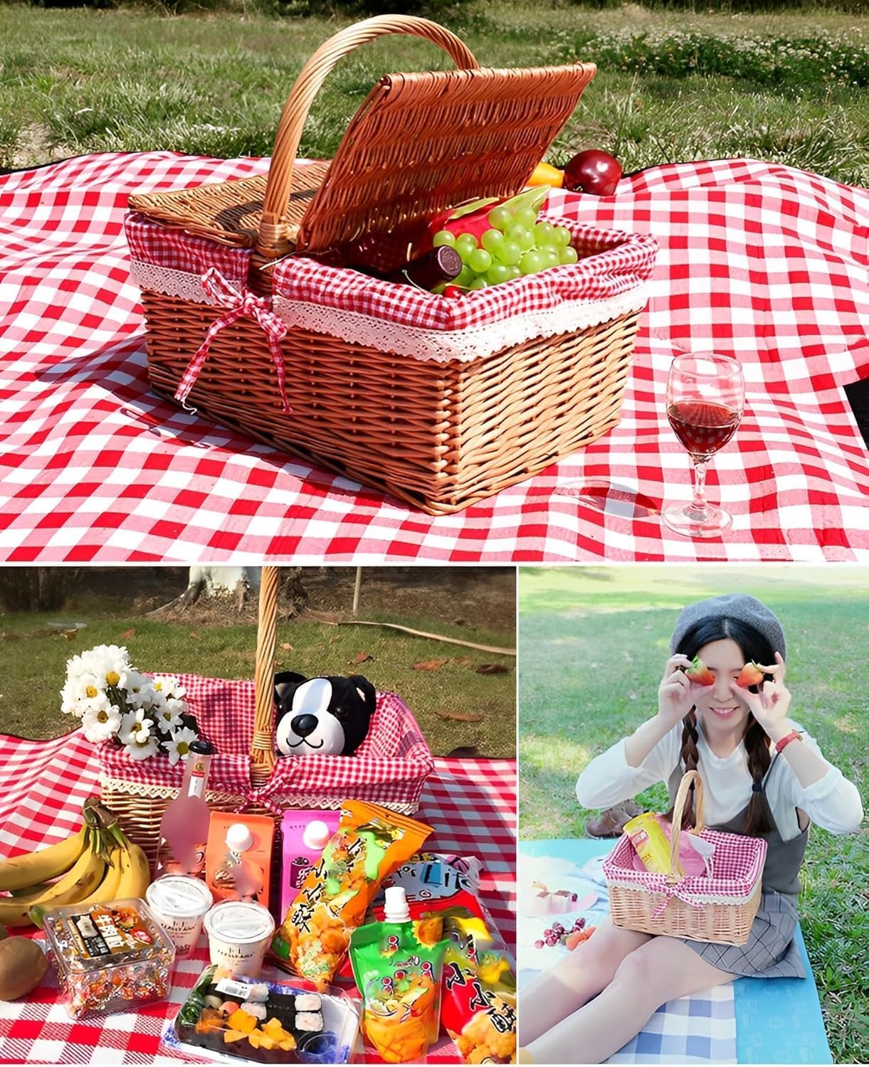 ピクニックバスケット かご 籠 お花見 ピクニック 籐かご 手編み 野菜かご カゴ収納 籐製 布付きカゴ 蓋付き 持ち手 お菓子 フ