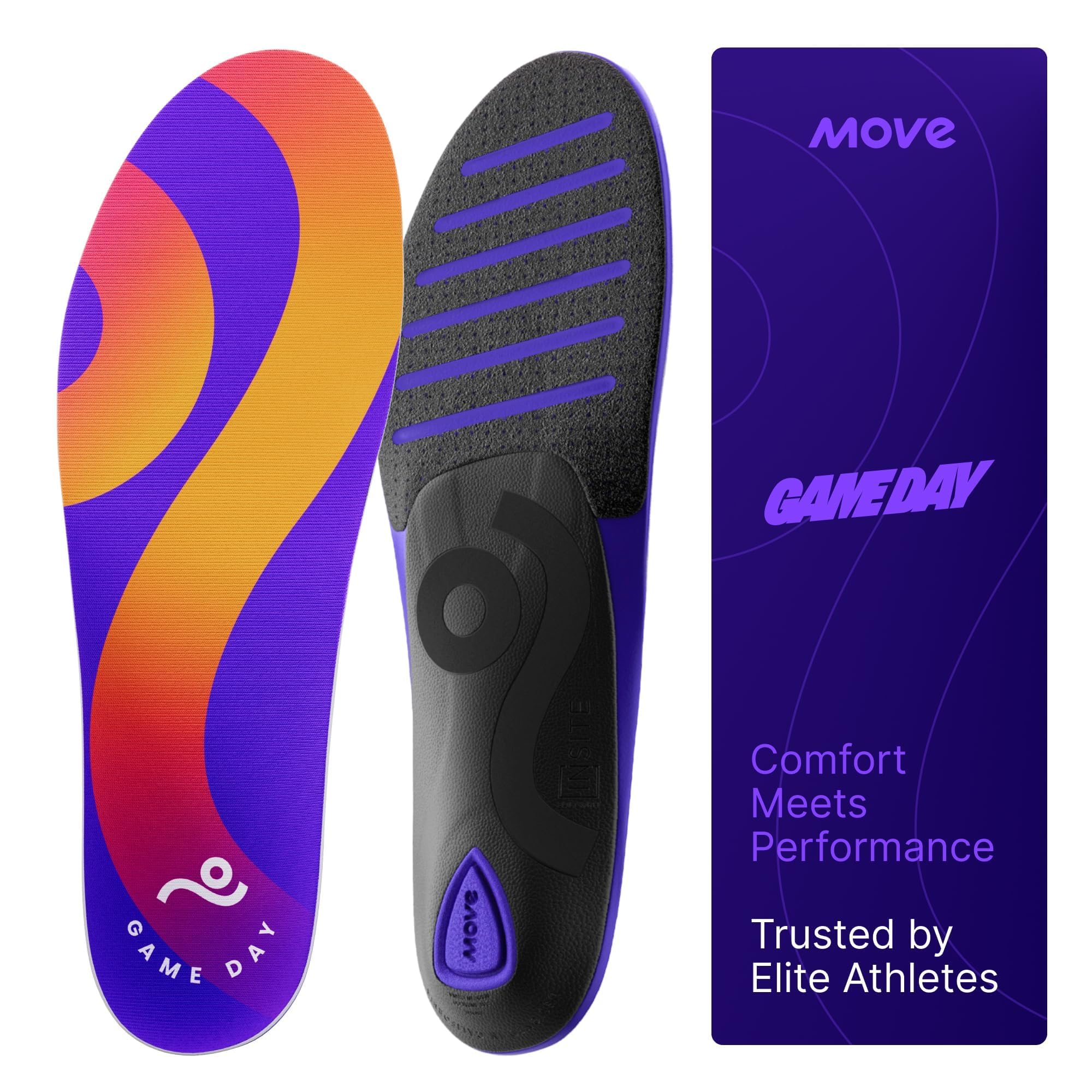 MOVE Game Day - Performance and Comfort Insoles - Plantar Fasciitis, Running, Shock Absorption, Flat Foot, Arch Support, Basketball, Active Lifestyle, Walking and Athletics (M 12-12.5 / WM 13.5-14)