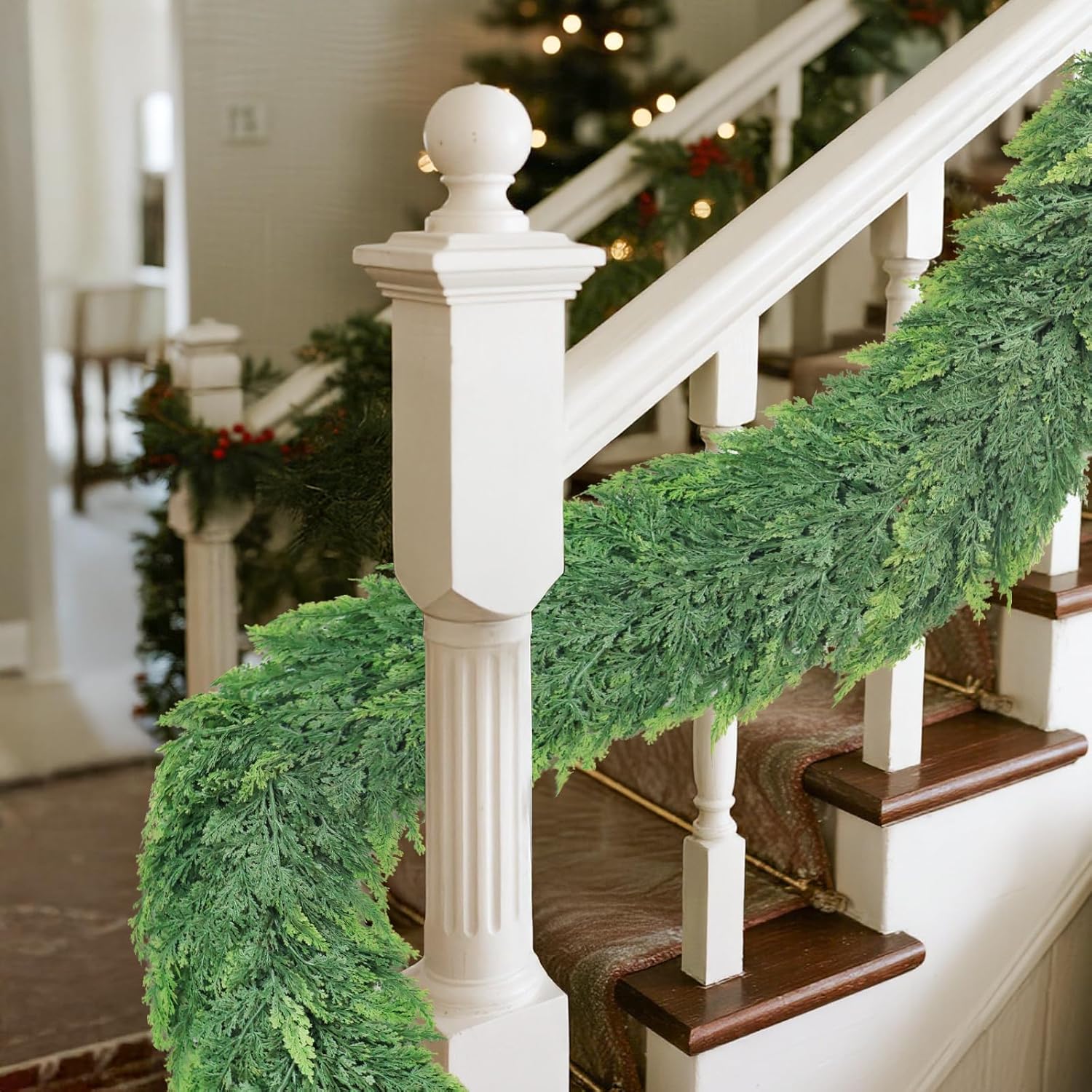 Christmas Cedar Garland with Soft Thickness Pine,Thick and Lush,Artificial Green Faux Cedar Pine Garland for Christmas Winter Home Mantel Fireplace Holiday Party Décor (9FT)