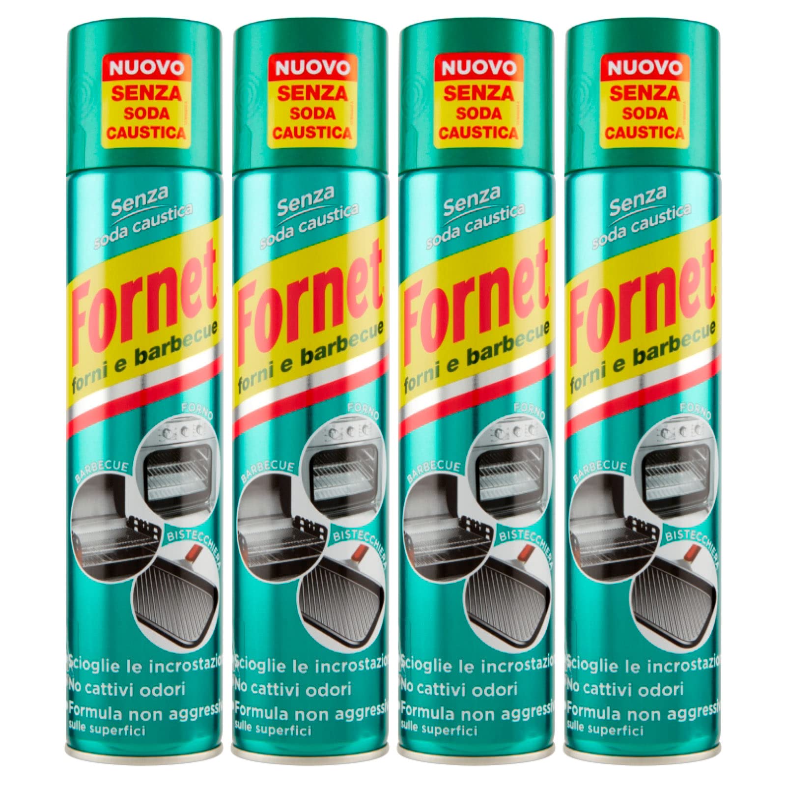 Fornet - Sgrassatore Spray per Forni e Barbecue, Formula non Aggressiva, Senza Soda Caustica, 300ml x 4 Pezzi