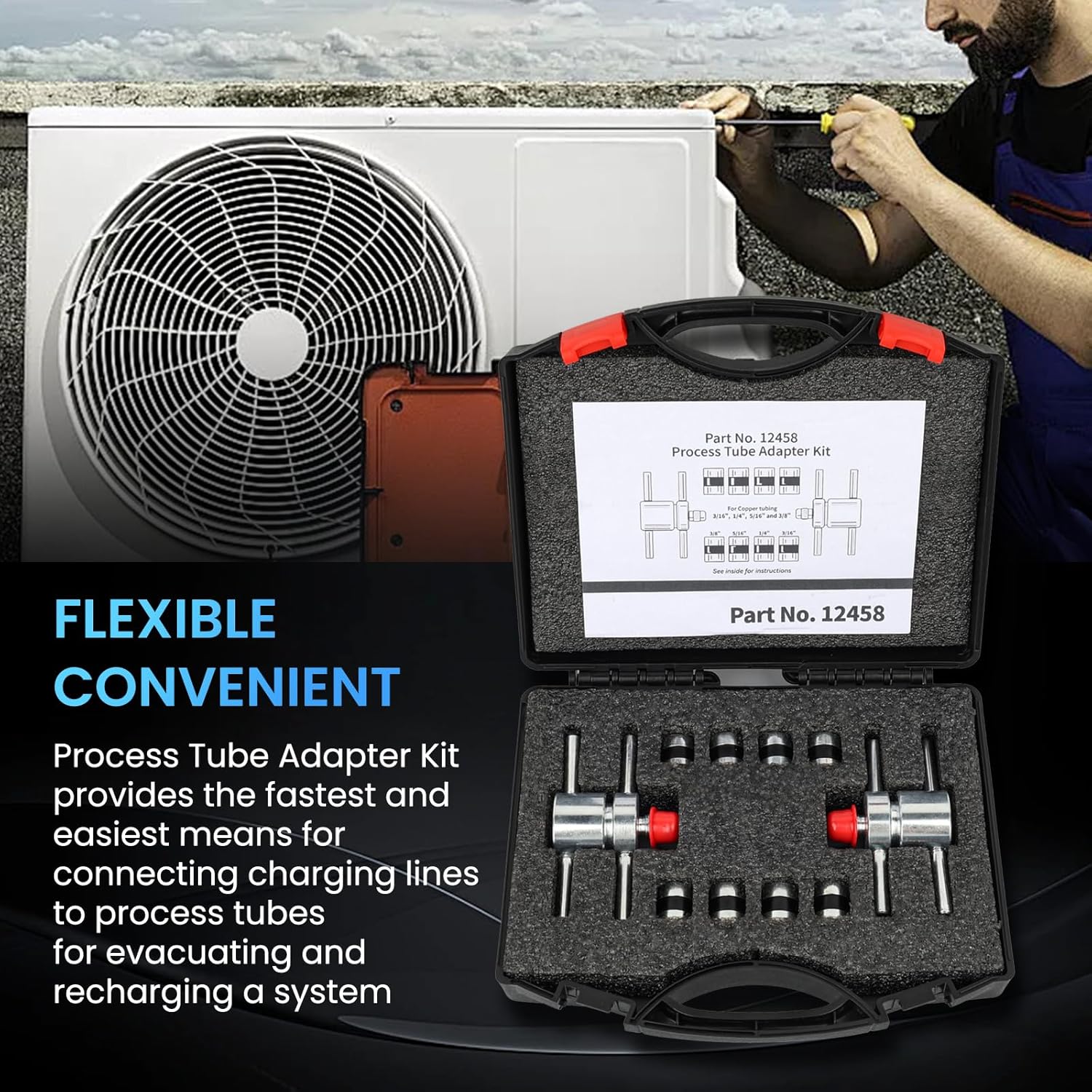 12458 HVAC Process Tube Adapter Kit for 3/16", 1/4", 5/16", 3/8" Copper Tubing, Leak-Free Charging Line Connector, A/C Refrigeration Service Tool with Storage Case