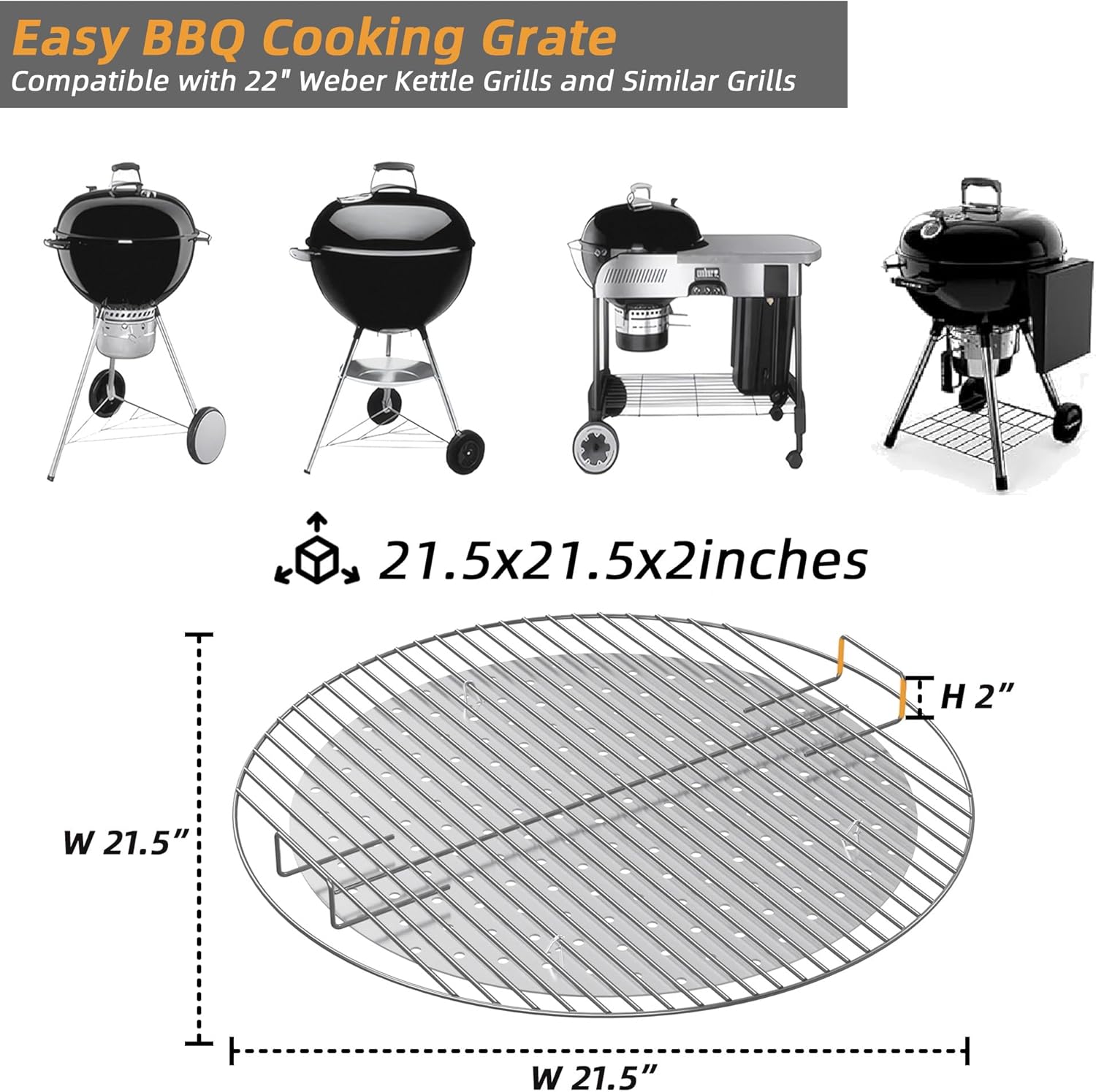 21.5" Grill Grate Replacement Part,Anti-Burning Replacement Grill Grate for Weber,Round Grill Part,Full Stainless Steel Cooking Grate for Charcoal Grill&Weber Kettle,Master-Touch,Performer