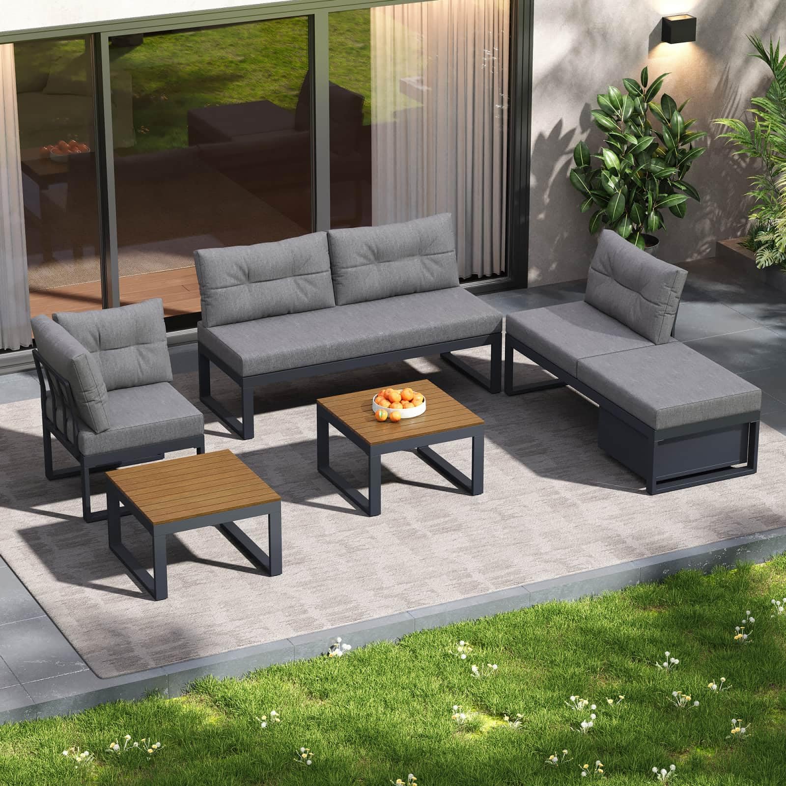 KOMHTOM Ensemble Salon de Jardin Extérieur Modulable – Canapé d'angle avec Tables Basses, Dossier Inclinable pour Terrasse, Balcon et Patio (Gris-B)