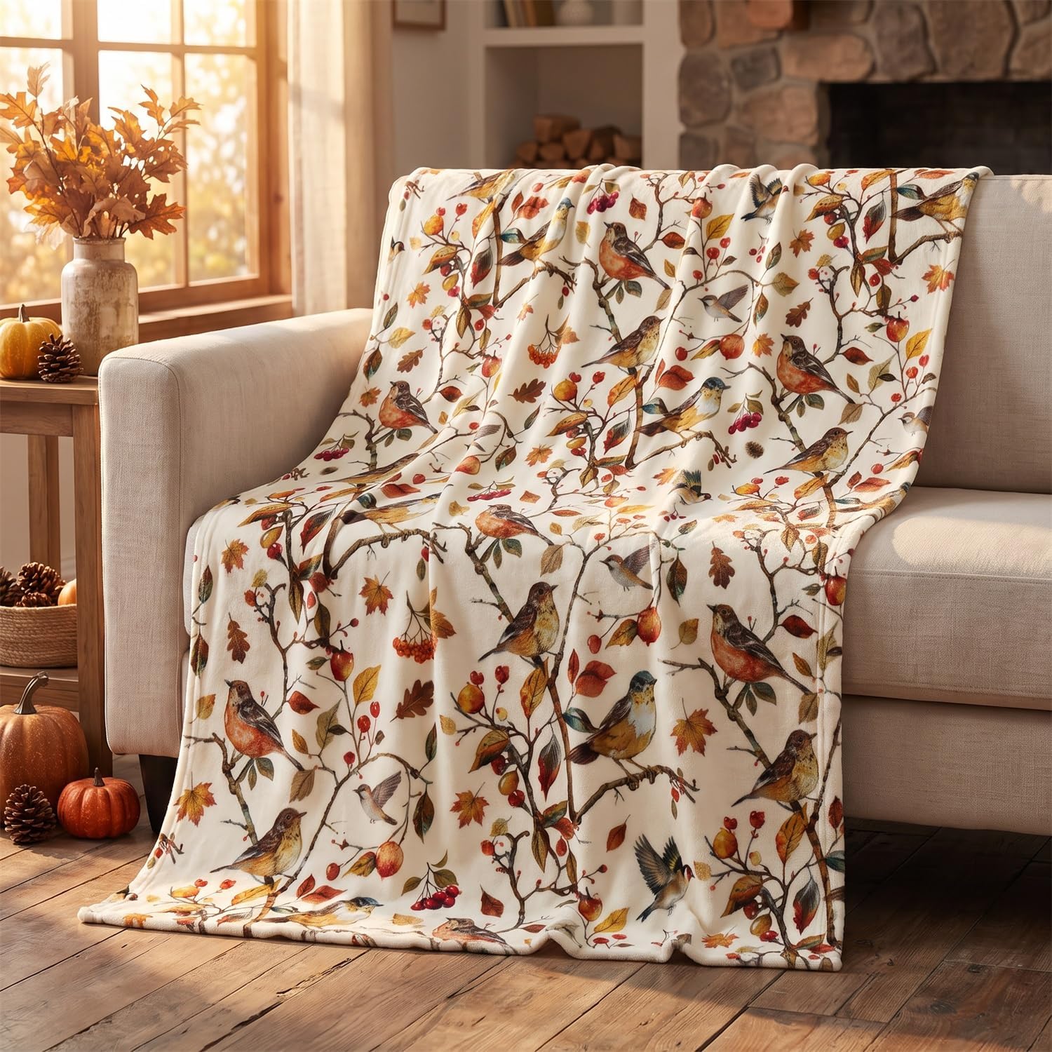 Horaldaily Fall Flannel Blanket Throw, Thanksgiving Day Beige Bird Branch Soft Fuzzy Plush Cozy Fleece Blankets for Couch Sofa Bed Decor, Ideal Gifts for Kids Adults 50x60