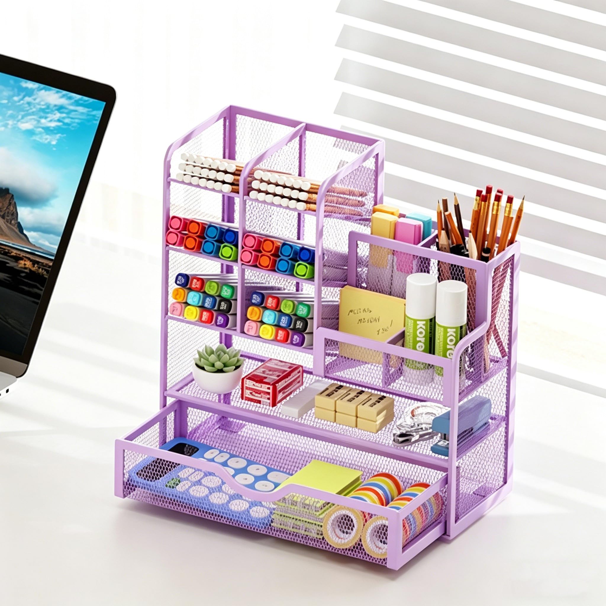 Marbrasse Organizer Scrivania in Rete,Organizer per Cancelleria,Multifunzione Porta Penne con Cassetto,Portaoggetti da Scrivania per Casa Ufficio(Viola)