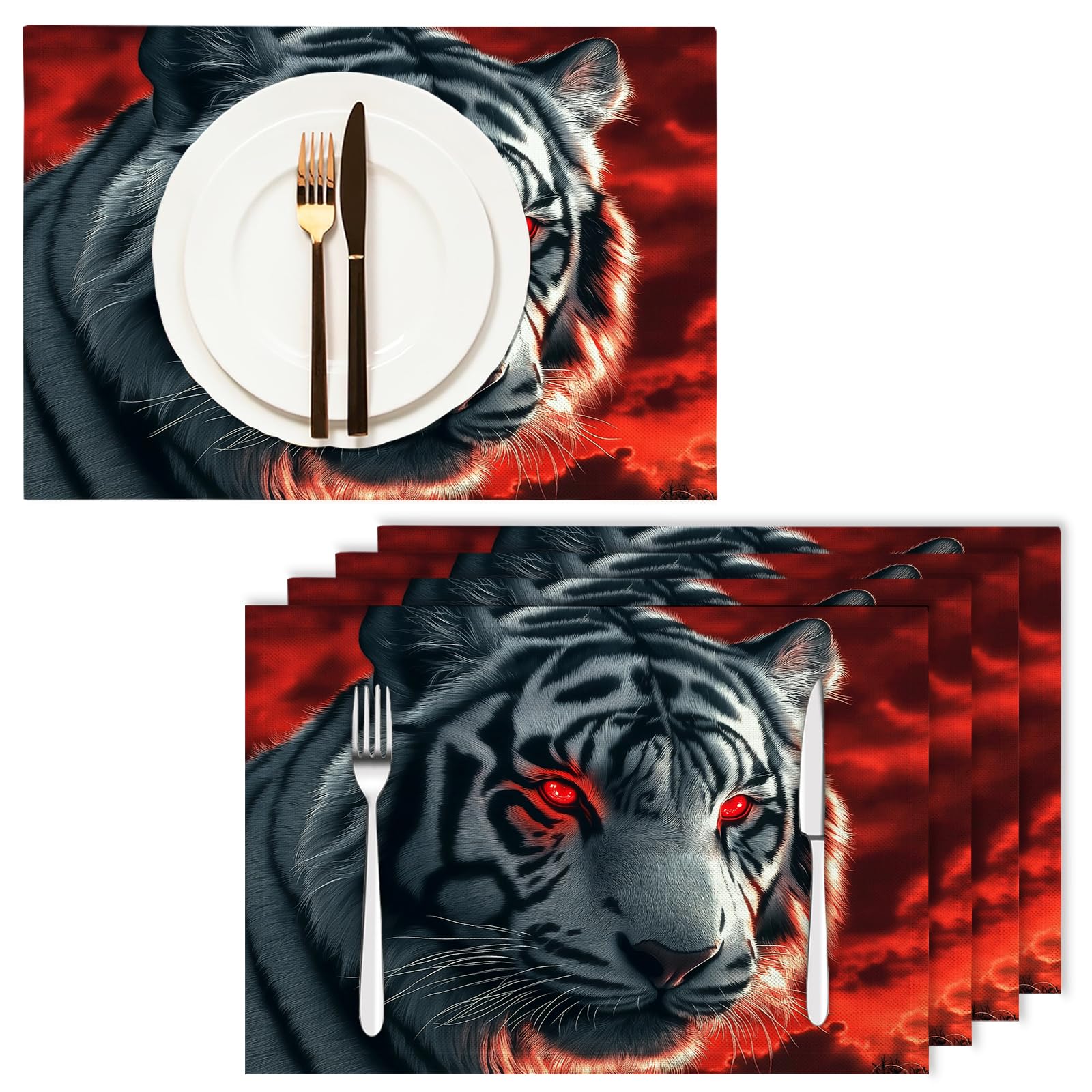 Set di 8 Tovagliette Americane Lavabili Cotone Lino Arte fantasy - Tovaglietta Americana Stoffa Resistenti al Calore Durevole Tigre bianca- per Colazione Pranzo