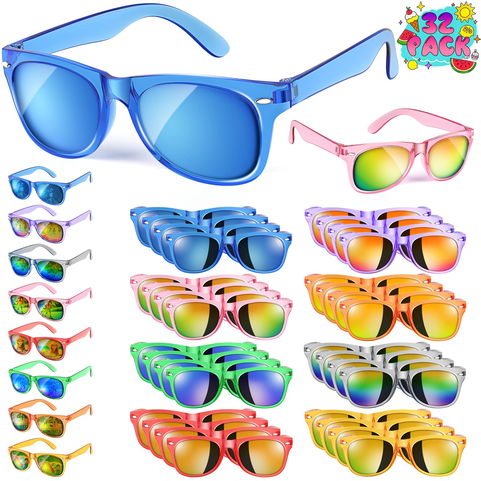 Kids Sunglasses 32 Bulk Party Favors, Toddler Boys Girls Age 3-8 Birthday Favor Summer Goodie Bags Stuffers, Neon Sunglass with UV 400 Protection for Students Valentines Easter Day Gifts