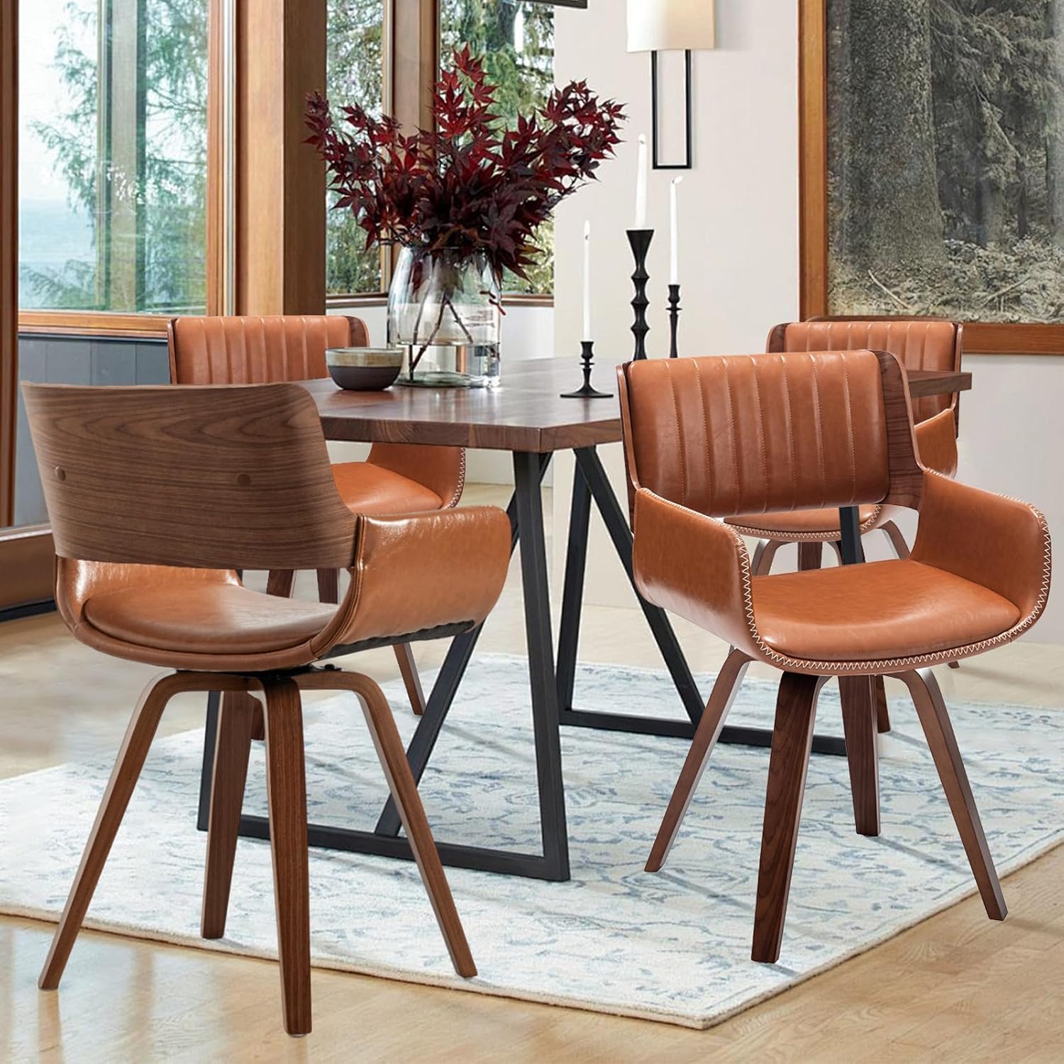 LUNLING Swivel Accent Brown Faux Leather Dining Chairs Set of 4 Mid Century Modern Chairs with Wooden Legs/Armrest/Upholstered Seat/Adjustable Foots for Kitchen Dining Room Desk Chairs
