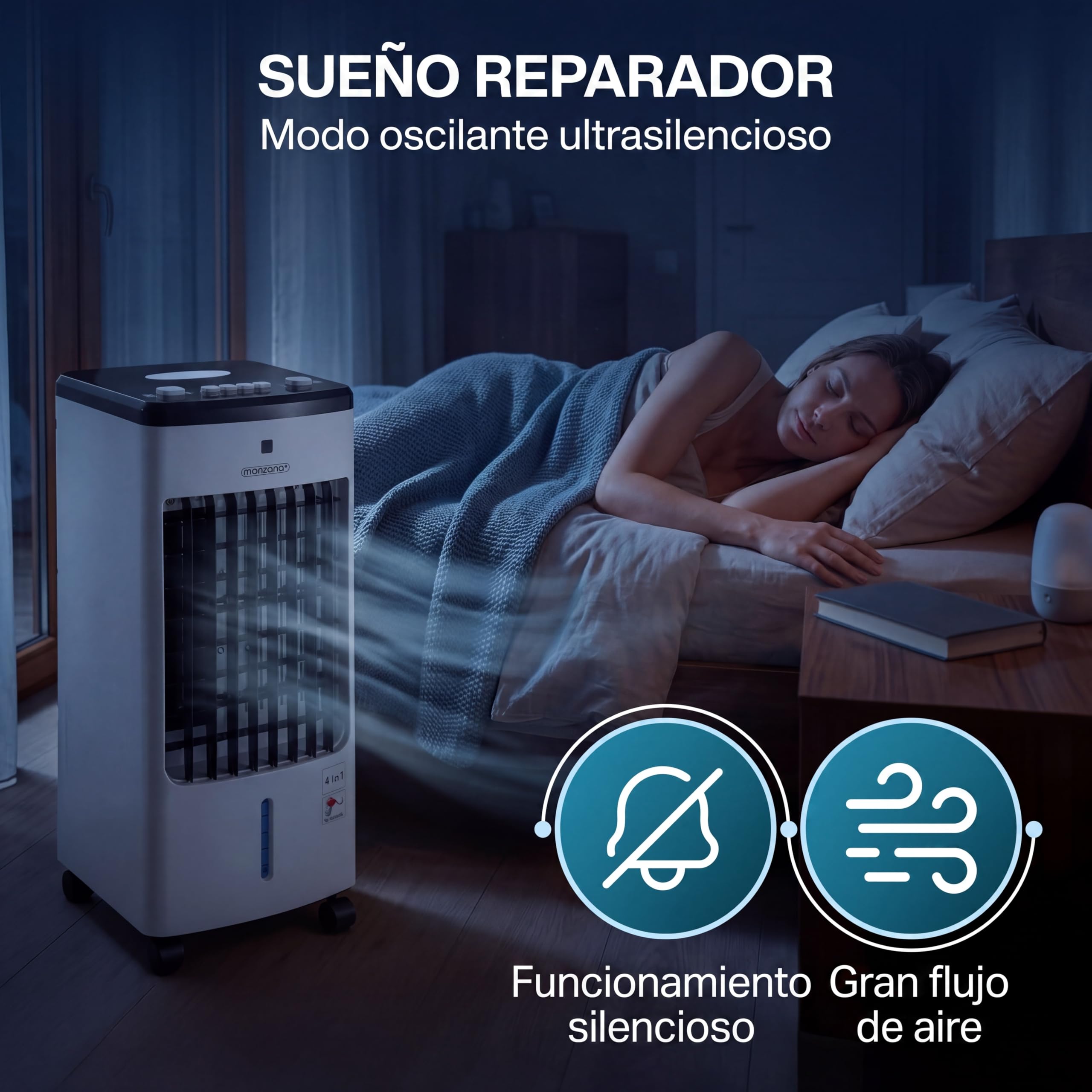 MONZANA® Enfriador de Aire 4en1 3 Velocidades Climatizador Ventilador Ionizador Portátil Oscilación Bajo Consumo