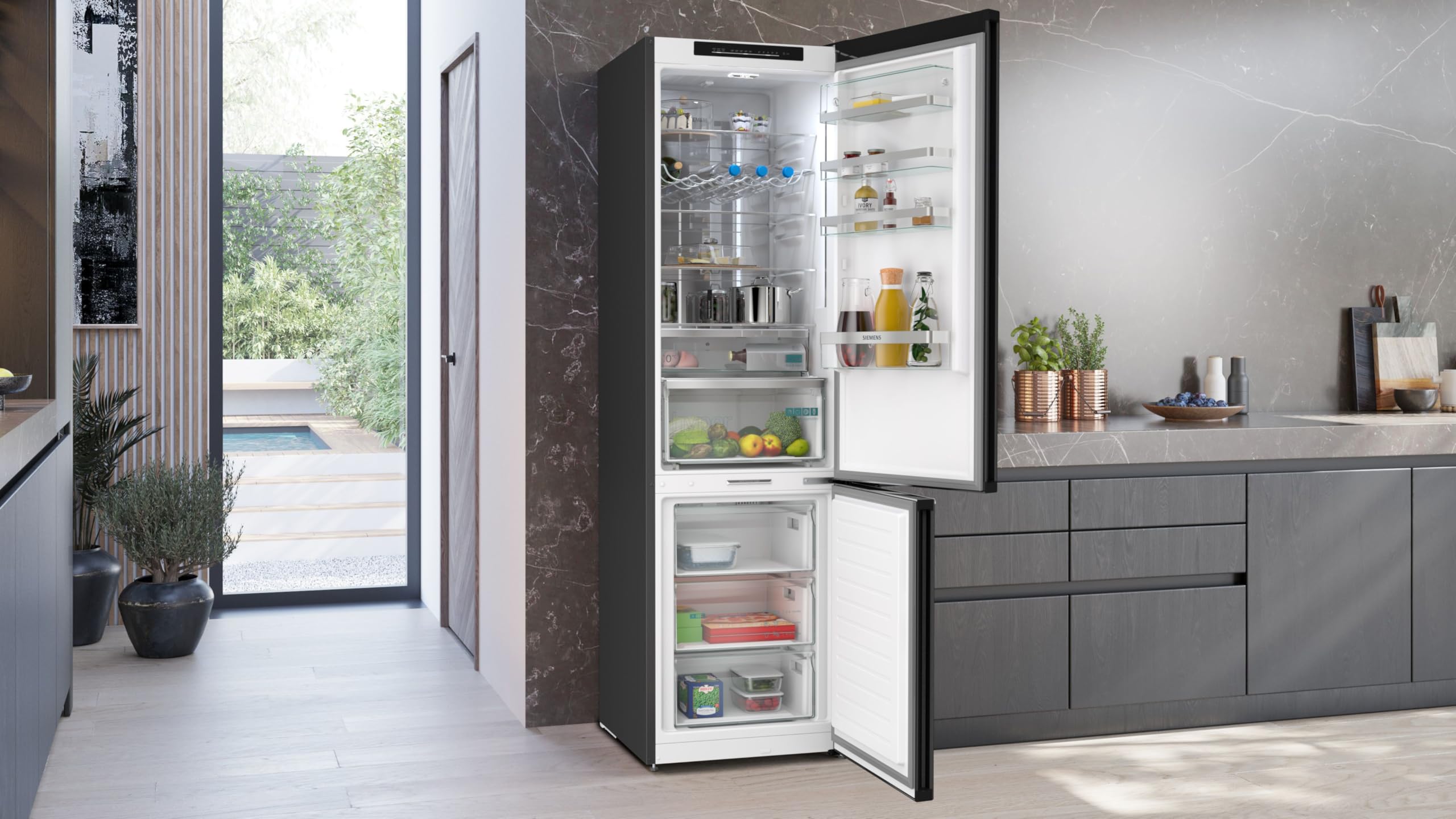 Siemens iQ500 Freistehende Kühl-Gefrier-Kombination 203x60cm, KG39NAXAG, 260L Kühlen & 103L Gefrieren, Total noFrost, Nahtlose Platzierung, hyperFresh 0°C Schublade, antiFingerprint Schwarzer Stahl