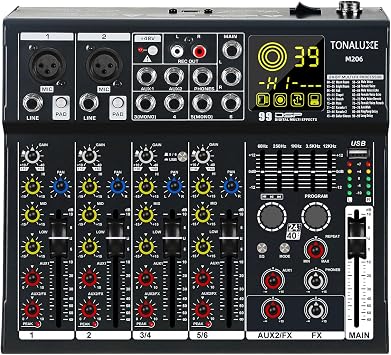 6 Channel Mixer Audio, Professional Music Sound PA Mixer DJ Mixing Board Console with 99 DSP Effects, 5-band EQ, Bluetooth, USB Interface, 48V Phantom Power for Recording Stage Karaoke