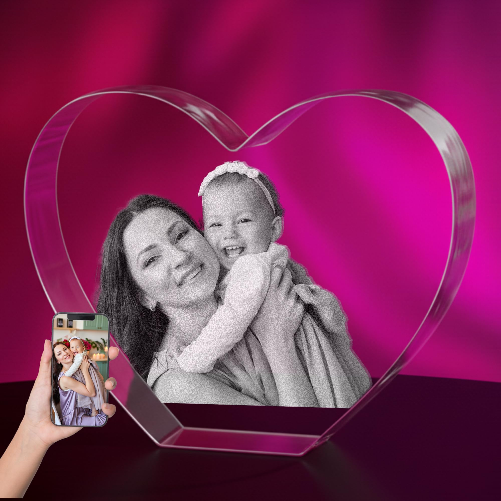 Print Maniacs Personalised 3D Crystal Photo Night Light – Custom Engraved Picture Gift with Your Photo Inside Crystal, Heart Shape Memorial Keepsake for Family, Son, Daughter, Mum, Dad