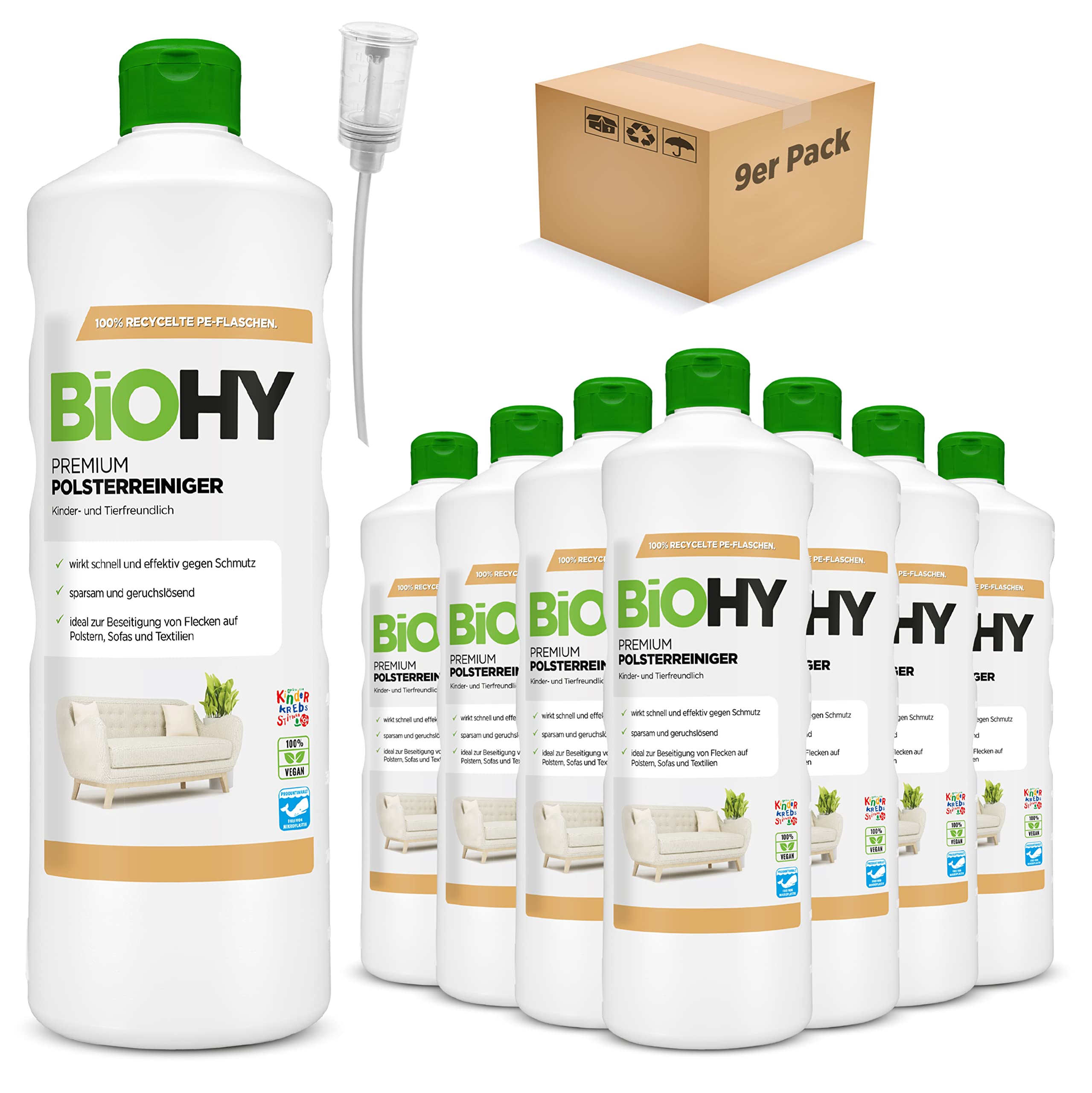 BiOHY Limpiador de Tapicerías Premium (9 botellas de 1 litro) + Dosificador | Concentrado para muebles tapizados, sofás, alfombras y textiles | quitamanchas que disuelven el olor (Premium Polster)