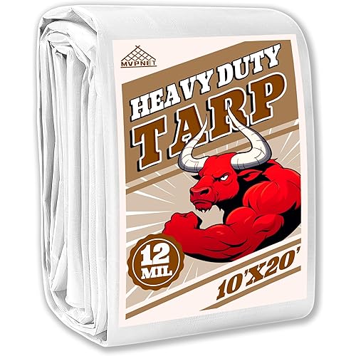 Tarp 10x20 ft Heavy Duty 12mil 100% Waterproof High Durability Multipurpose,Uv Resistant,White Tarp Suitable for Swimming Pools, Boats, Camping, Courtyards, Etc -by MVPNET