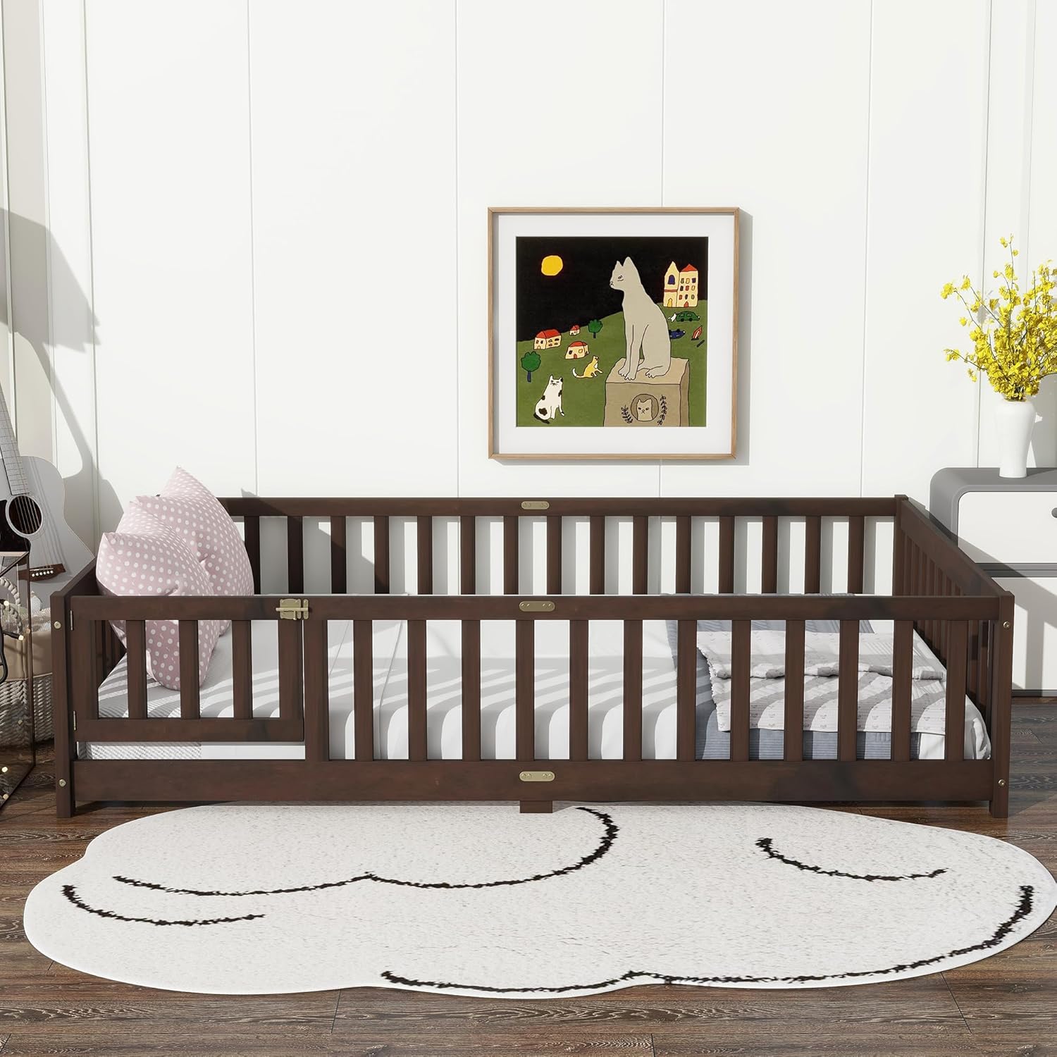 Bellemave Full Size Floor Bed for Kids, Girls, Boys, Rubber Wood Floor Bed with slats and Door/Rails/Fence, Espresso
