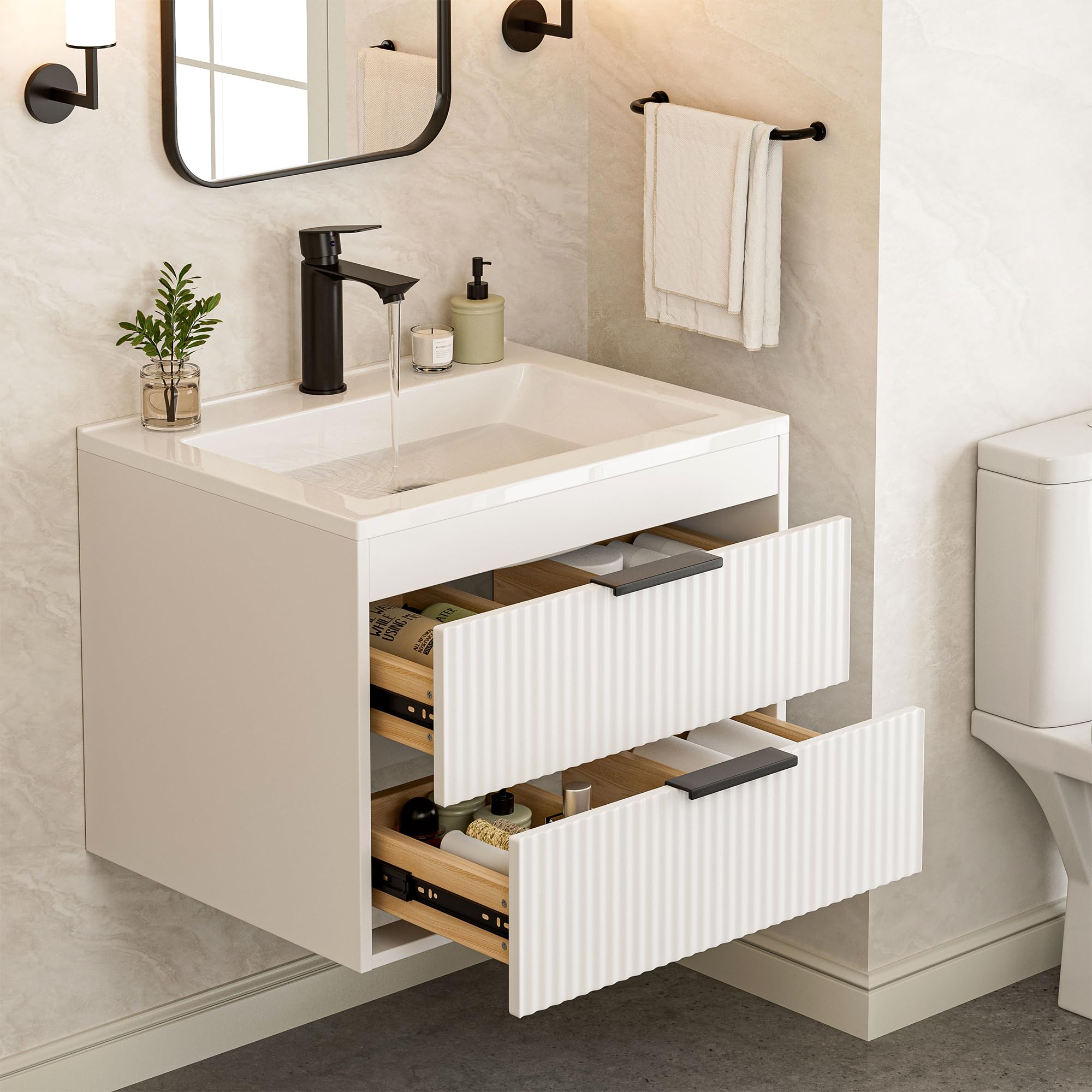 Photo 1 of 24 Inches Modern MDF Bathroom Vanity with Sink, Wall Mounted Floating Cabinets w/Double Drawers, Black Handles, White Resin Sink Combo Set (White, 24")