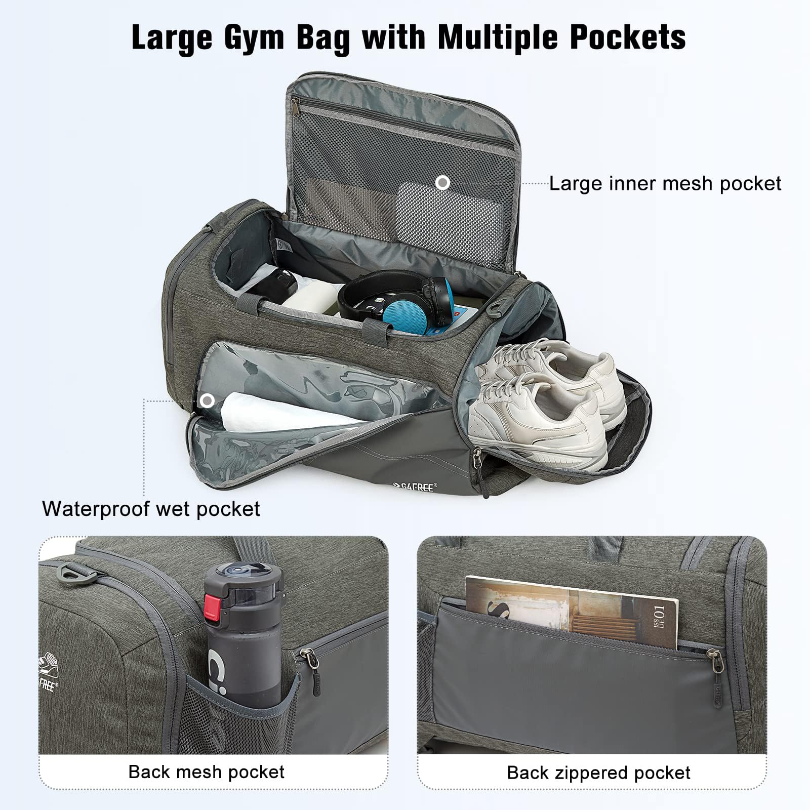 G4Free Zaino da viaggio a 3 vie, 45 l/60 l, grande borsa da palestra con scomparto umido e scomparto per scarpe per viaggi, nuoto, yoga, escursionismo, campeggio
