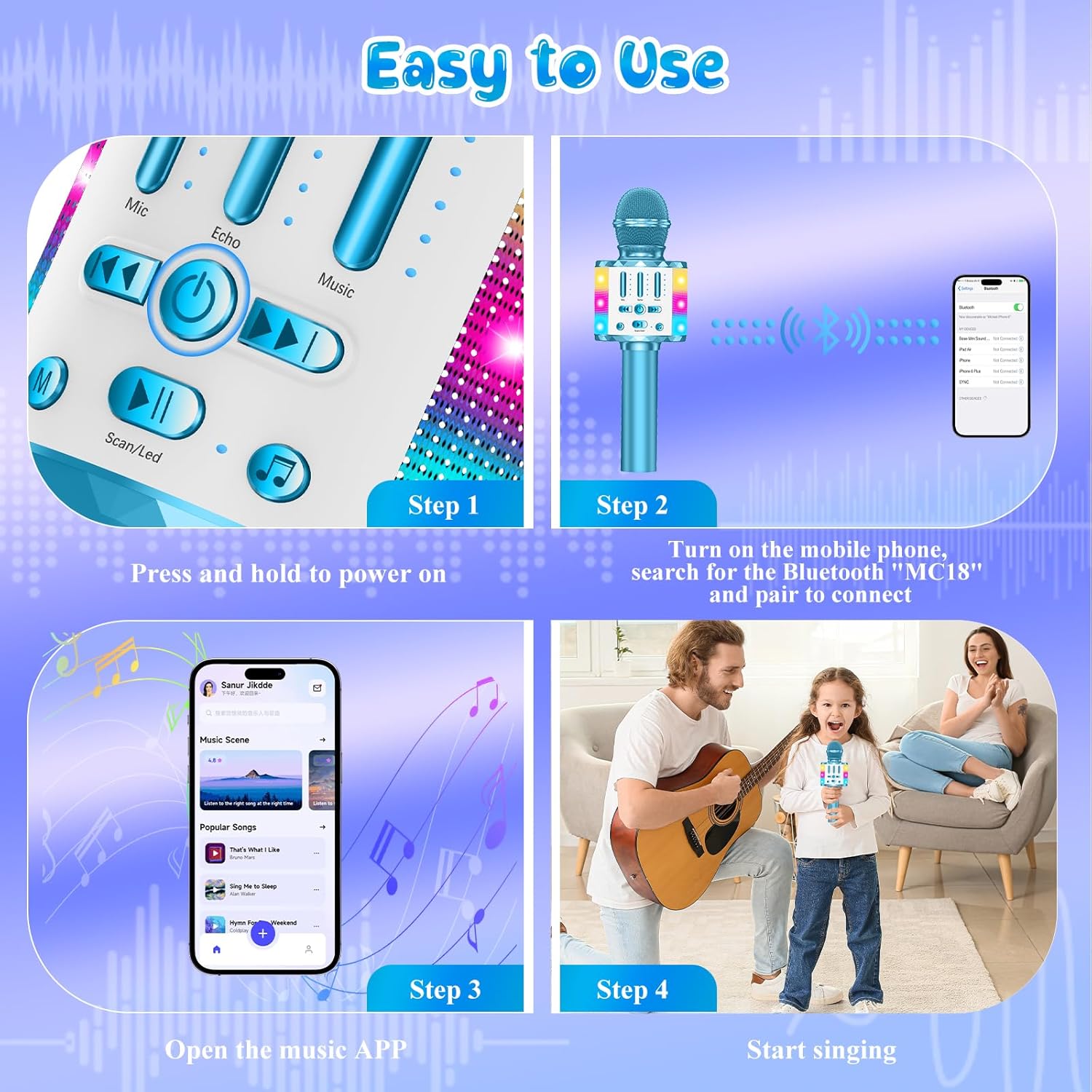 Karaoke Microphone Toys for Kids, Wireless Bluetooth Mic with Lights & Speaker, Portable Home KTV Player System, Perfect Birthday Party for 3-12 Year Old Boys & Girls