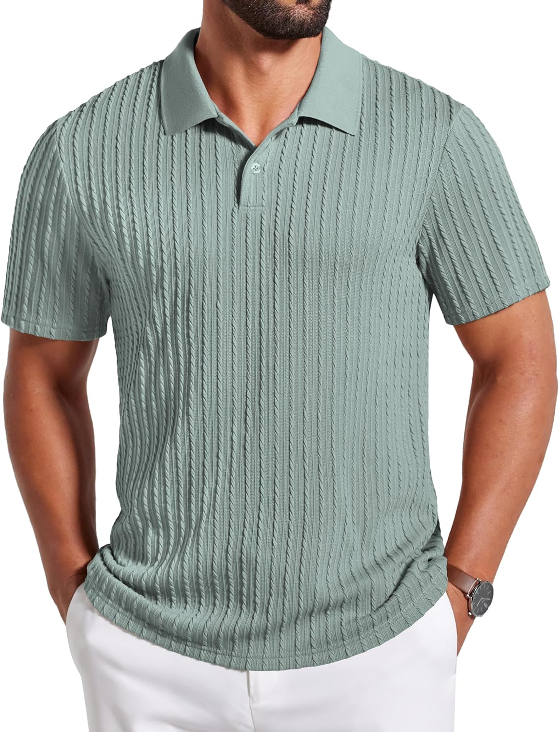 COOFANDY Mens Polo Shirt Textured Knit Button Casual Short Sleeve Summer Vacation Beach Stretchy Golf Shirts