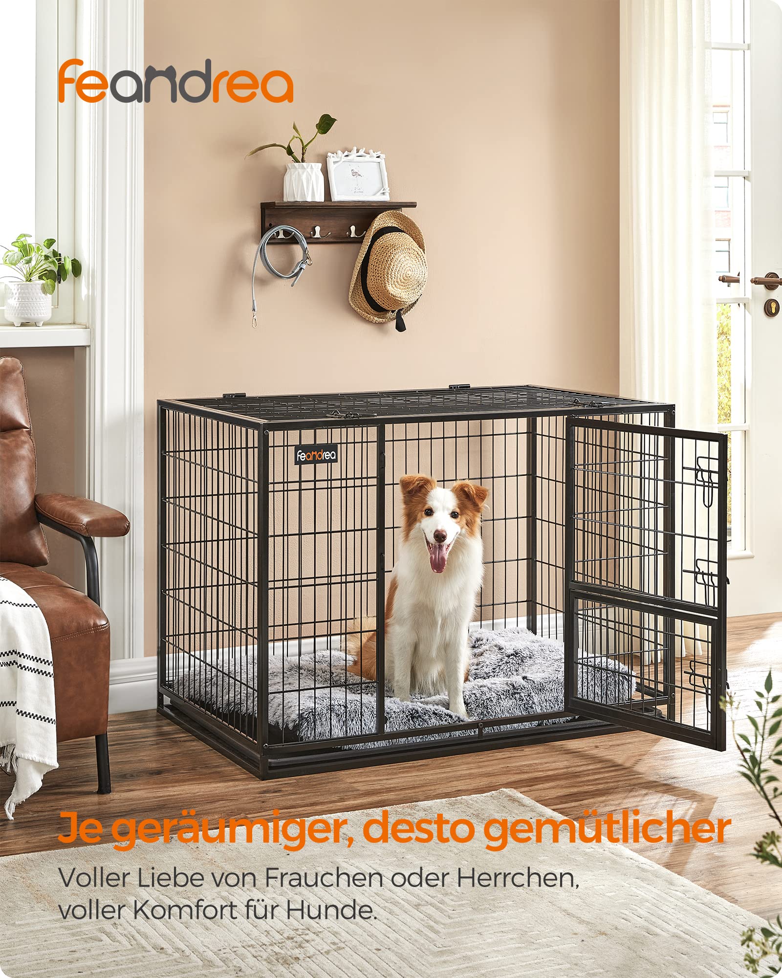 Feandrea Haustierkäfig hochbelastbar, Gitterbox, transportabel, 107 x 70 x 75 cm,für mittelgroße, große Tiere, sicher, 2 abnehmbare Türen, XL, tintenschwarz PPD001B01