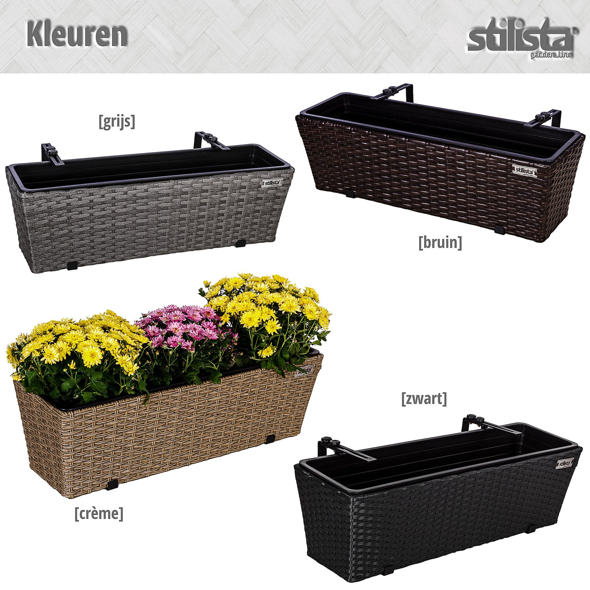 STILISTA® 2-delige polyrattan bloembak 60 x 16 x 19 cm incl. verstelbare ophanging en uitneembare kunststof inzet, in 4 verschillende kleuren, bruin