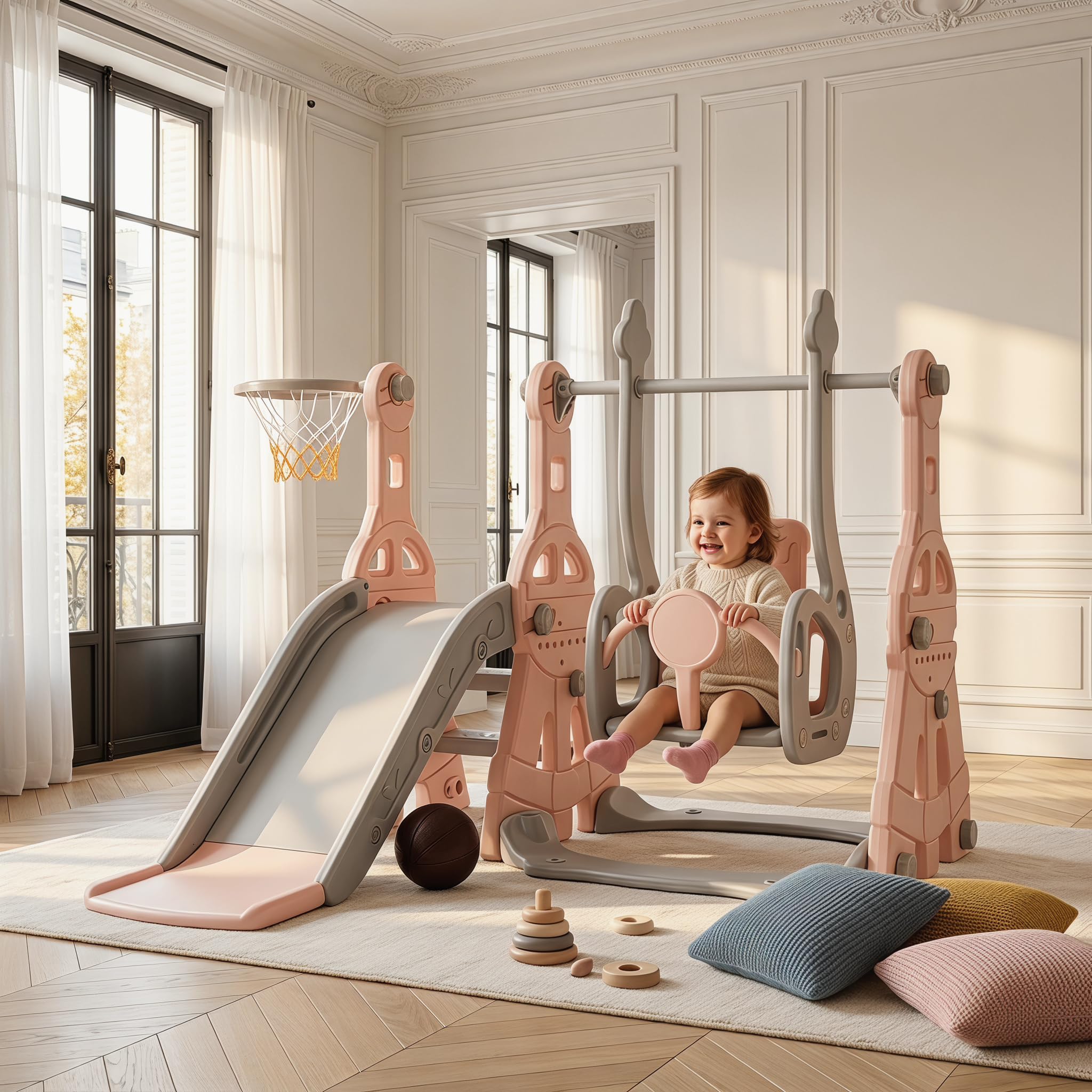 4 en 1 tobogán para niños, tobogán para bebés con anillo de baloncesto, toboganes, escaleras, columpios, tobogán multifunktionale interior y exterior para niños pequeños y preescolares (rosa)