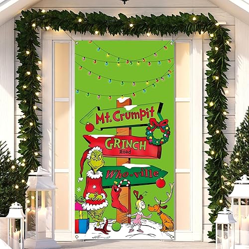 Miniatura 2 de Grinchmas - Cubierta para puerta de Whoville, Feliz Navidad, invierno, vacaciones, temporada de fiesta, pancarta de fotografía para el hogar,