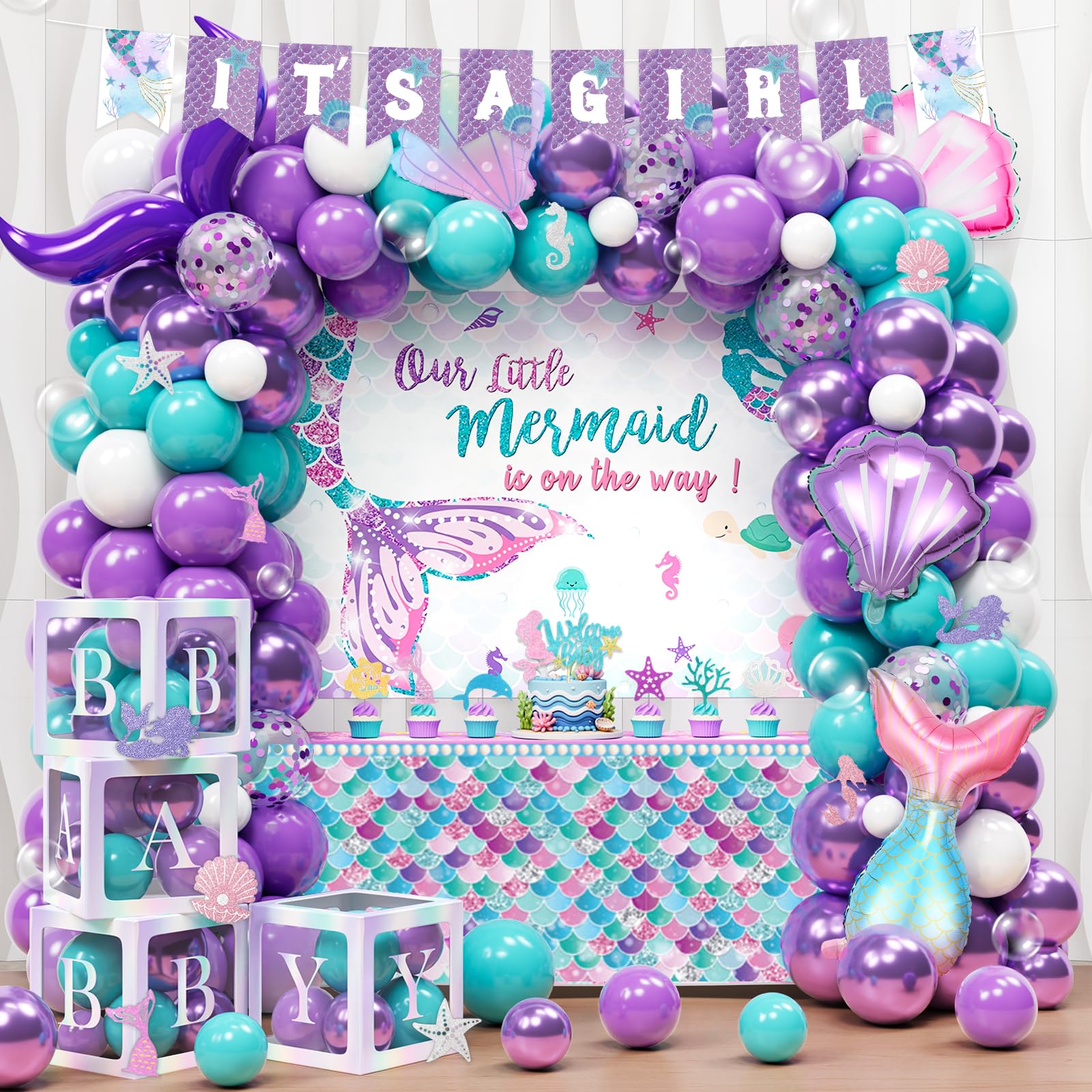 Hombae Mermaid Baby Shower Decorations Include Our Little Mermaid Is on the Way Backdrop, Balloon Garland, Banner, Tablecloth, Cake Topper, Box for