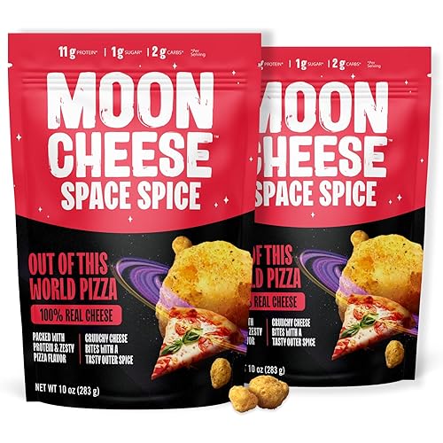 Moon Cheese Space Spice, Out Of This World Pizza, Crunchy, Protein-Rich Cheese Snack Chips, Keto Friendly, 100% Real Cheese, Low Carb, Gluten-Free, No Sugar, 10 oz Bags (Pack of 2)