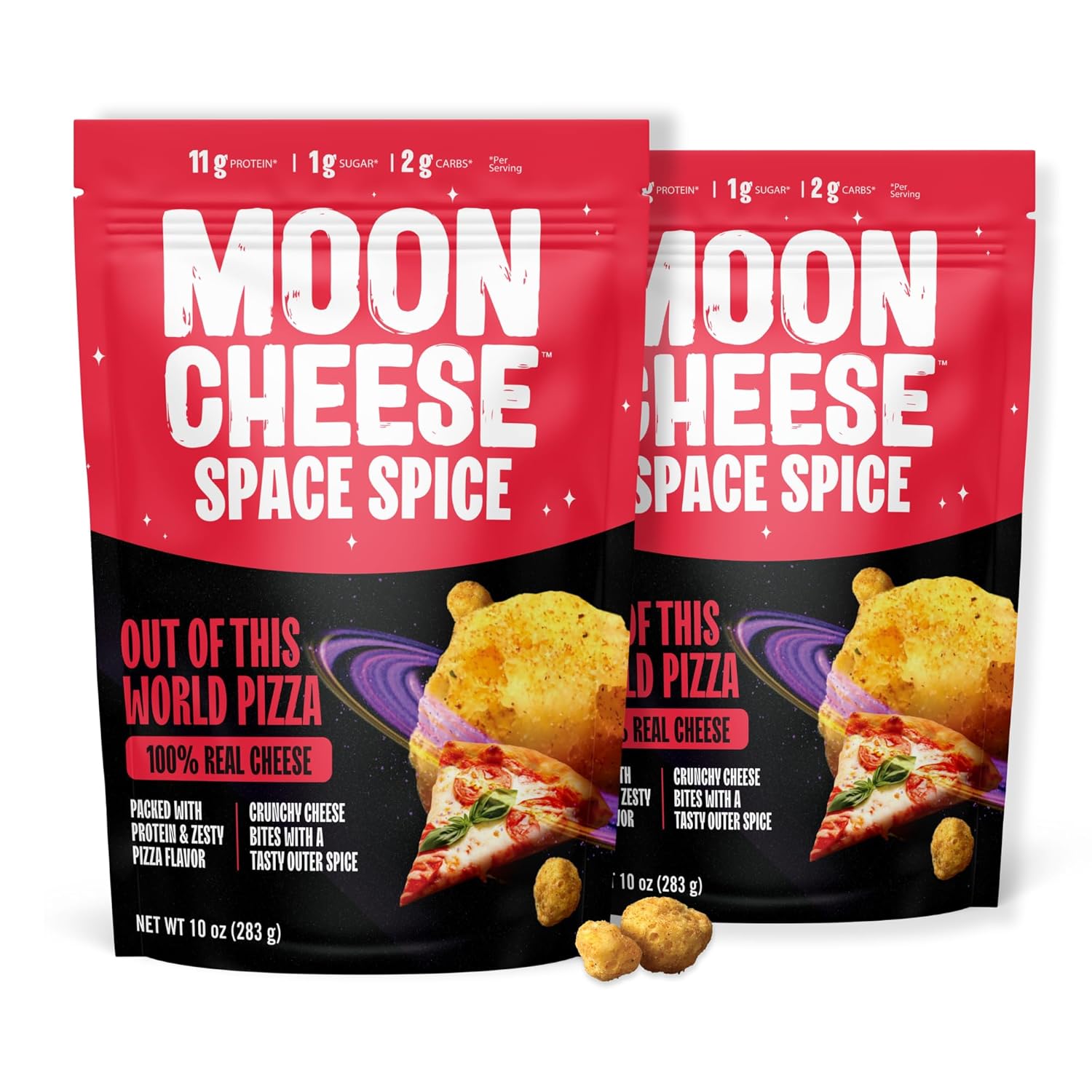 Moon Cheese Space Spice, Out Of This World Pizza, Crunchy, Protein-Rich Cheese Snack Chips, Keto Friendly, 100% Real Cheese, Low Carb, Gluten-Free, No Sugar, 10 oz Bags (Pack of 2)