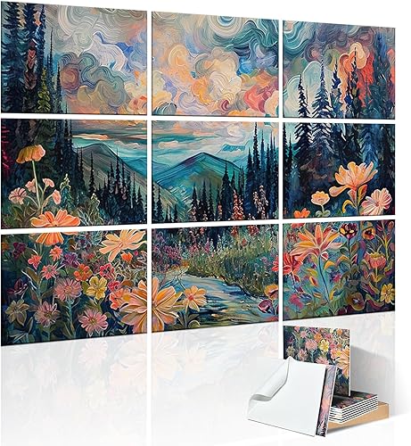 Paquete de 9 paneles acústicos artísticos con autoadhesivos, paneles absorbentes de sonido de 48 x 32 pulgadas, bordes biselados decorativos