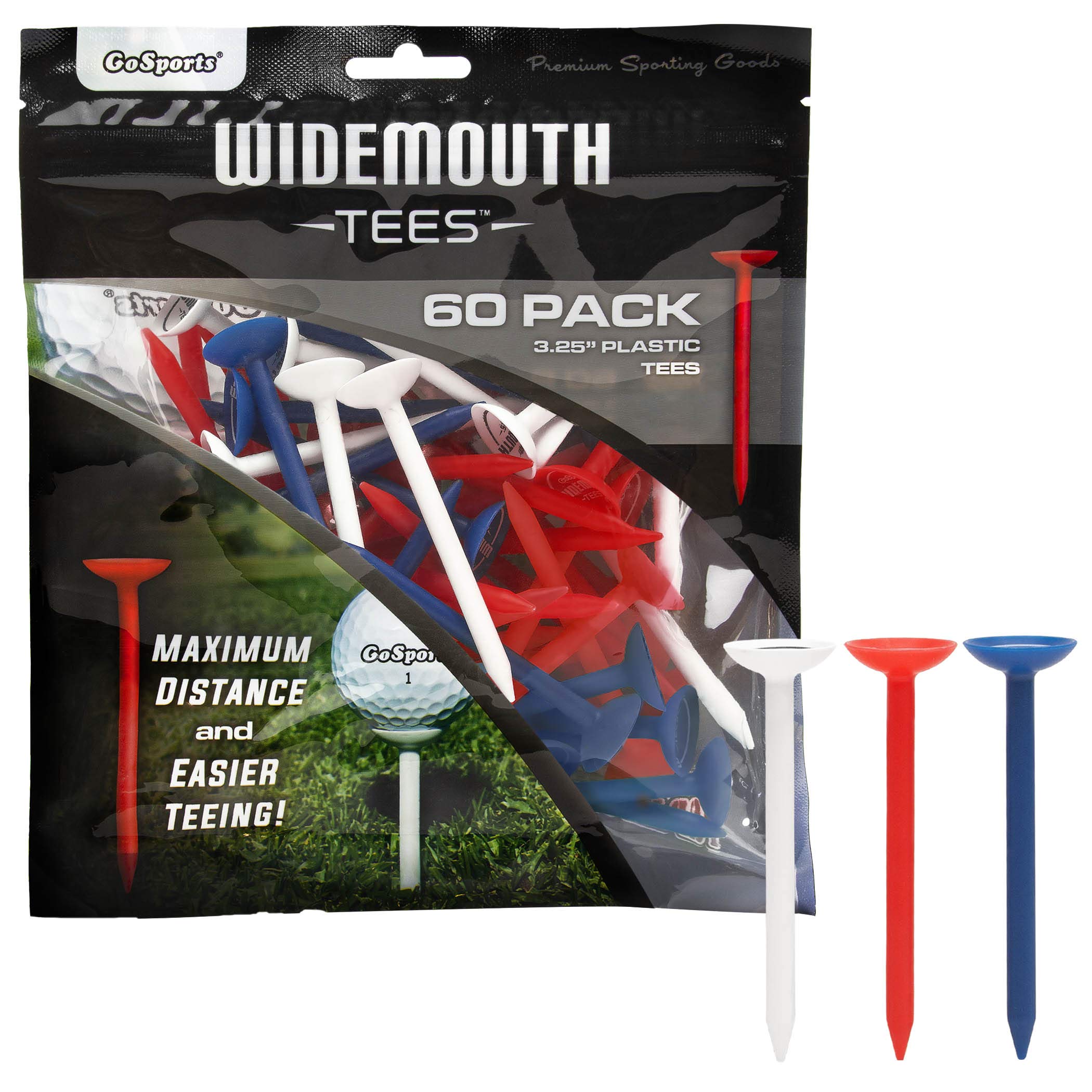 GoSports3.25” Widemouth Tees Plastic Golf Tees, 60 Tee Player’s Pack - Max Distance and Easier Teeing
