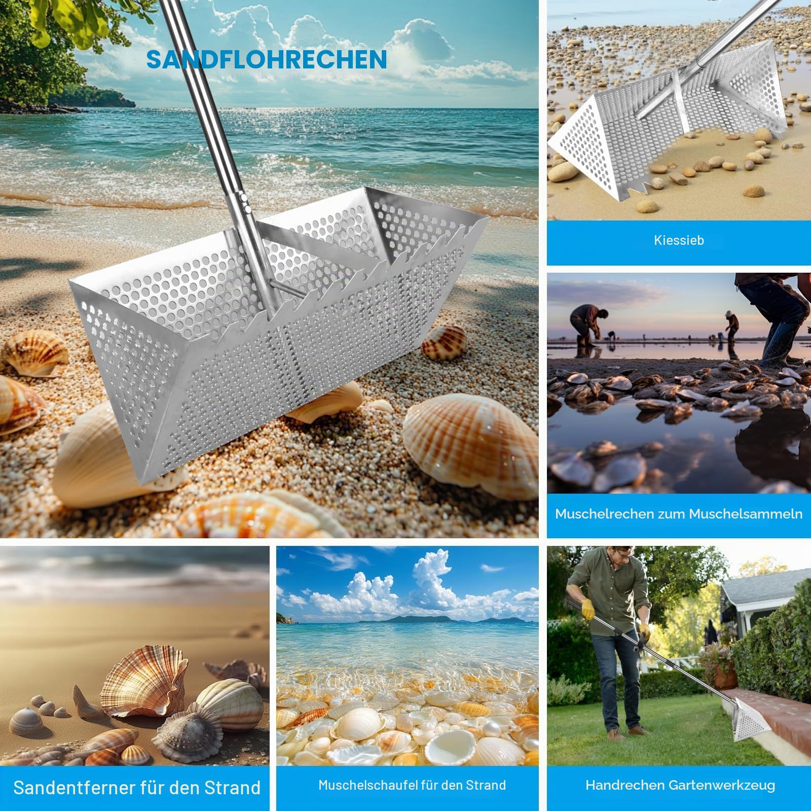 Edelstahl Strand Sandsieb, Strand Sandschaufel mit Muschelkorb, 133cm Einstellbar Sandschaufel Dreiteiliger Griff- 20×40 cm Korb, Sandschaufel Grabwerkzeuge (silber)