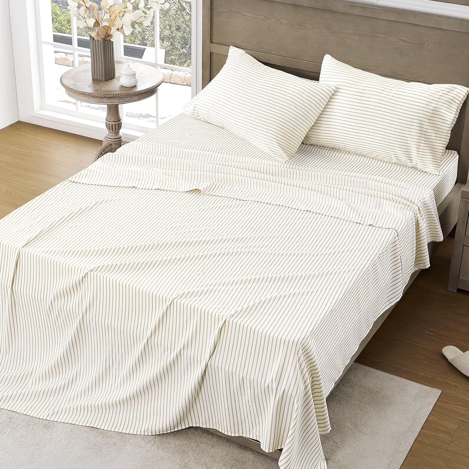 FreshCulture Queen Sheet Set - Ultra Soft Striped Sheets - Brushed Microfiber - Deep Pockets up to 16" - Easy Care - Hotel Luxury 4 Piece Striped Sheets Queen, Stripe Beige
