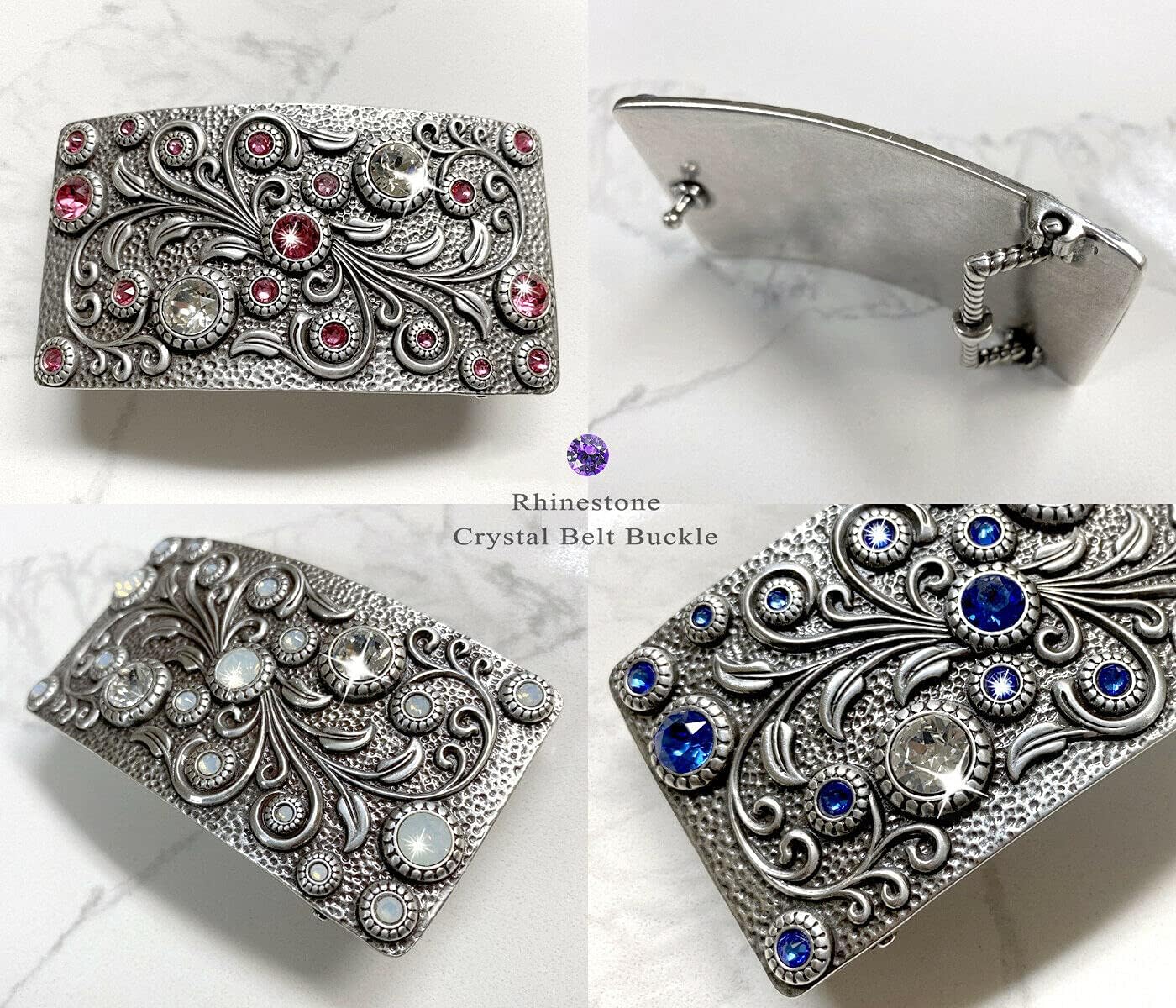 HA0850 Rhinestone Crystal Belt Buckle Antique/Brass Rectangle Floral Engraved Buckle - Image 2