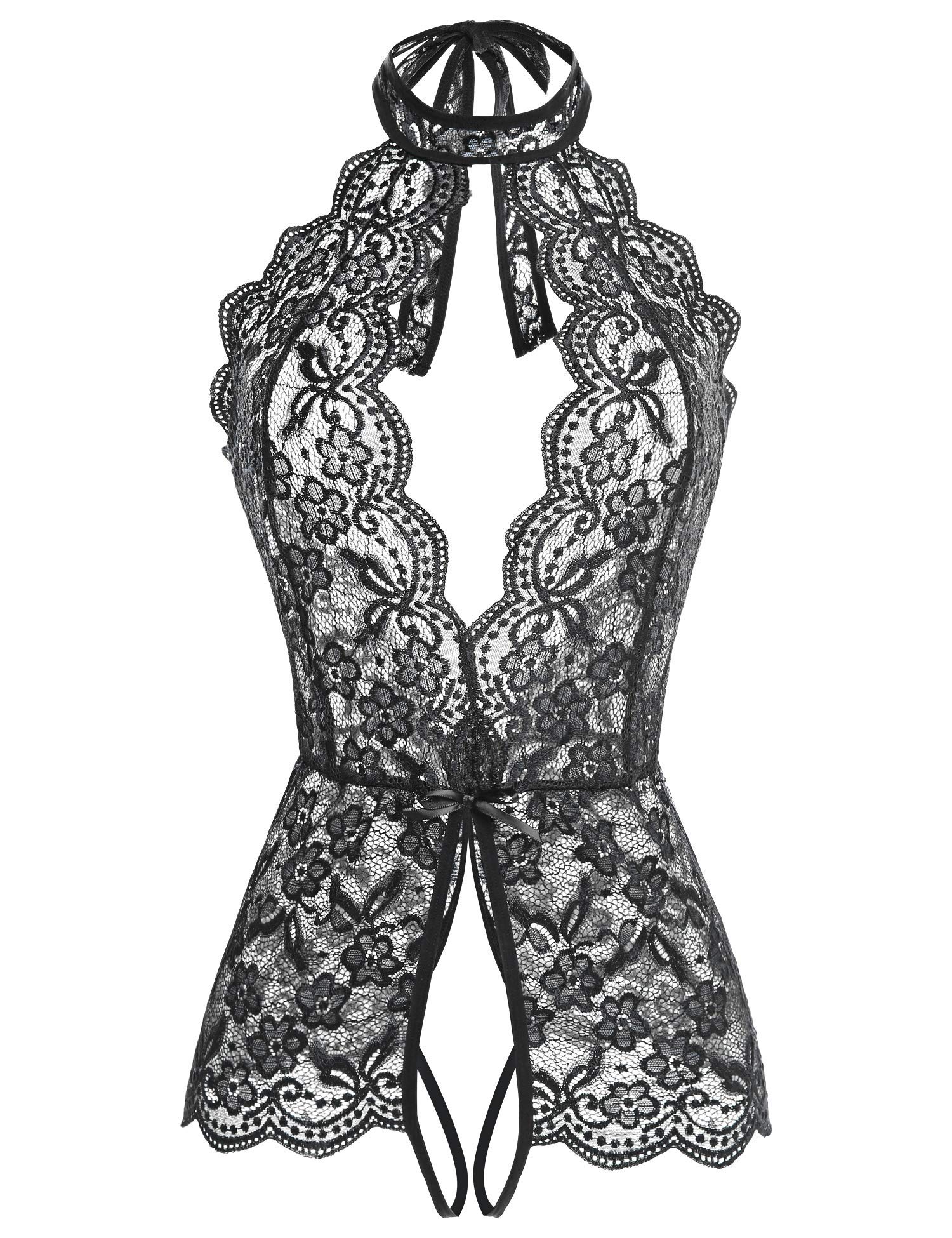 OlefuWomen One Piece Lingerie Lace Baby Doll Teddy Deep V Neck Halter Bodysuit Chemise Sleepwear