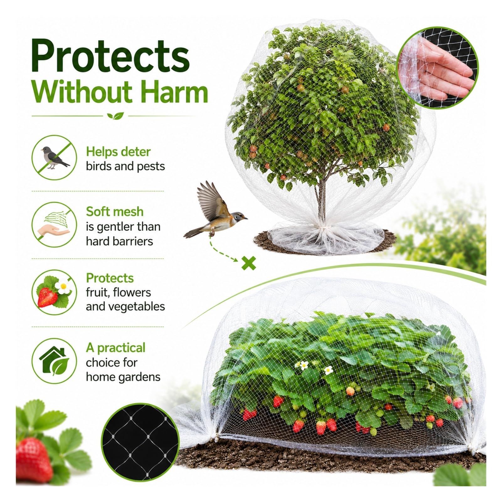 Malla Antipajaros Ligera Resistente, Red Antipajaros Antigranizo Inofensiva Fácil, Nylon UV Corrosión Resistente, Transpirable para Árboles Frutales, Fresas, Guisantes, Legumbres(30 * 30m)