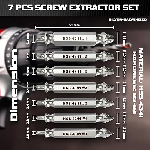 Miniatura 2 de Juego de 7 extractores de tornillos para tornillos de hierro, removedor de tornillos y pernos, herramienta de broca de acero de alta velocidad para