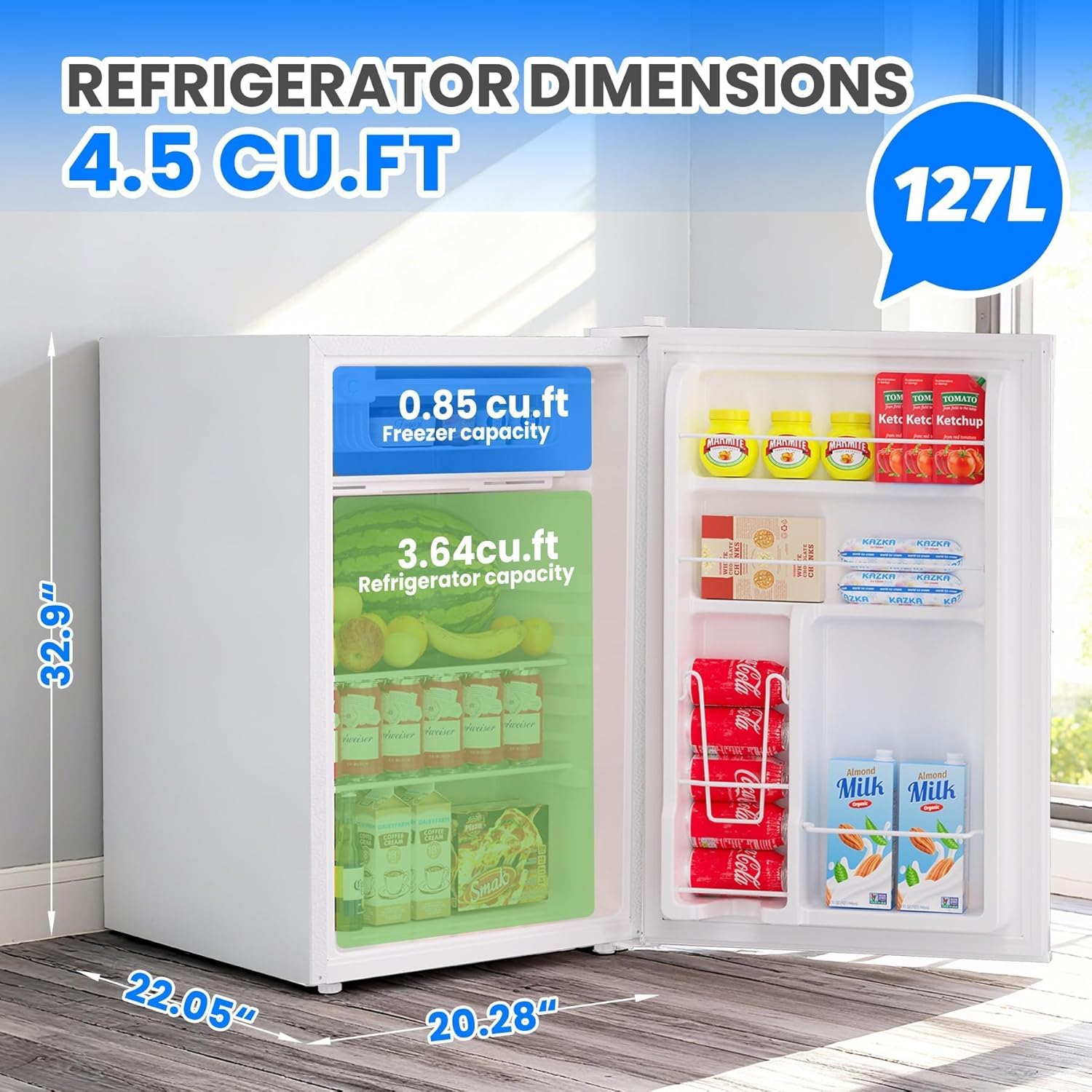 4.5 Cu.Ft Mini Fridge with Freezer, Single Door Small Refrigerator, Dual Zone Temperature Control, 7 Settings, Removable Shelves, Quiet Energy-Saving Dorm Fridge for Bedroom, Office, Dorm