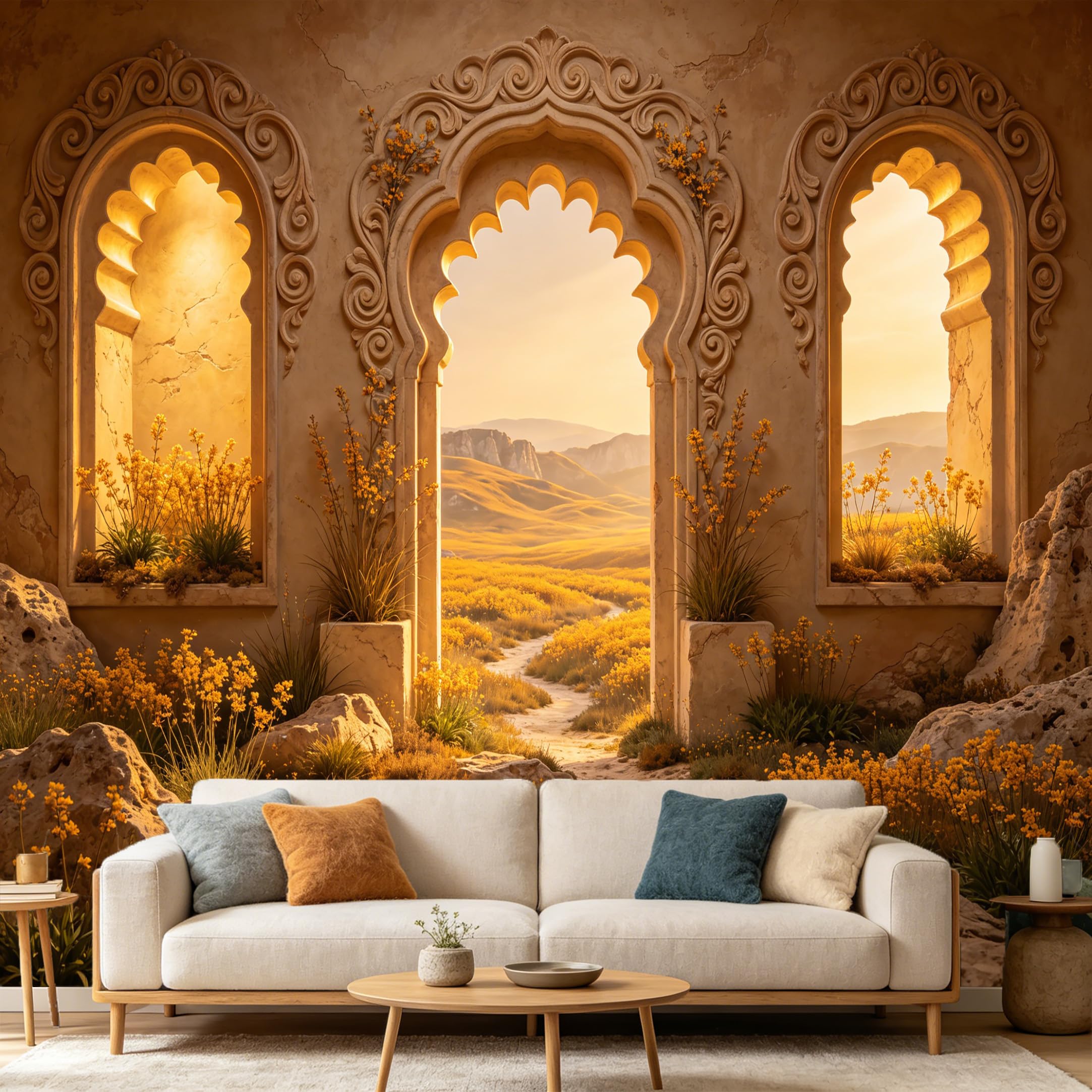 Custom Size Wall Mural， Mediterranean Archway Landscape Tuscan Hills Yellow Wildflowers 3D Trompe L'Oeil， SelfAdhesive Art Prints wall Fabric Removable Large Wallpaper Home Living Room Decor