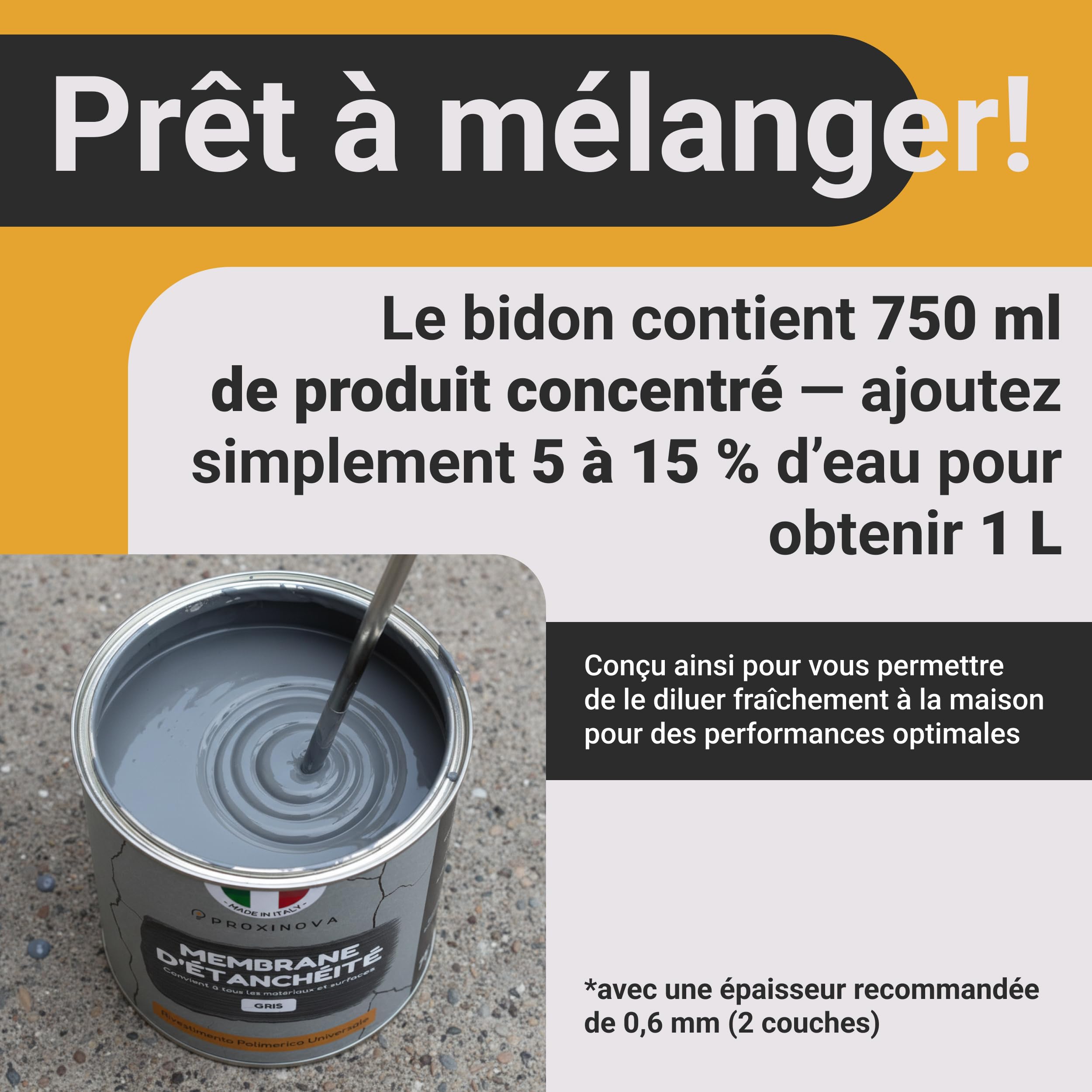 Produit Étanchéité Scellant Imperméable Liquide Gris 1500 ml PROXINOVA Résine Universelle pour Toitures, Murs Extérieurs, Cheminées, Gouttières, Résistante UV, Répare Fuites, Facile à Appliquer