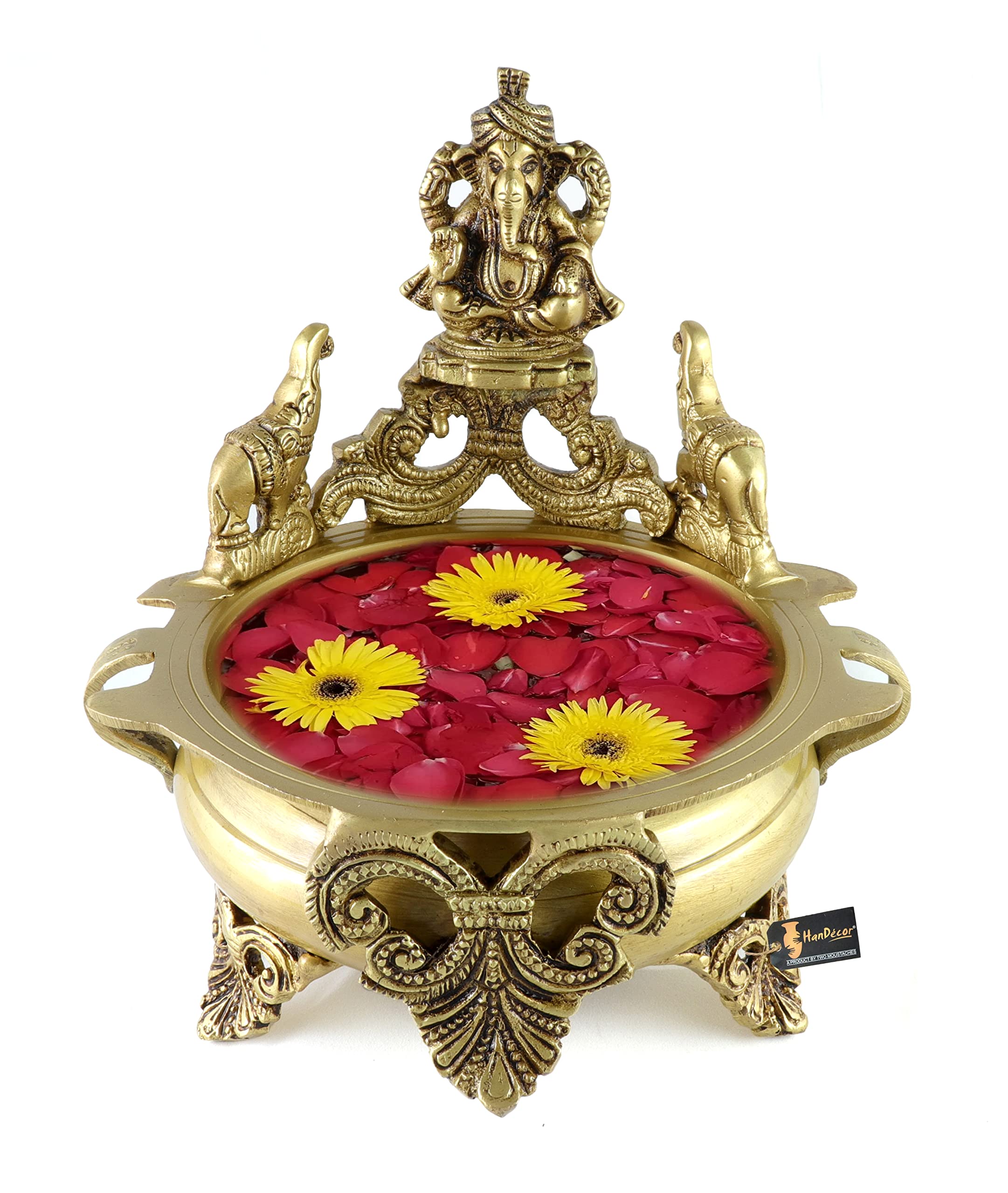 Two Moustaches Ganesha Design 7.5 Inches Brass Urli, Brass Urli for Flowers, Urli Bowl for Home Decor, Brass Urli Decor, Urali Decoration Bowl, Antique Yellow, Weight - 1.8 Kg, Pack of 1, 500 ml (B09GBK23YS) Amazon Price History, Amazon Price Tracker