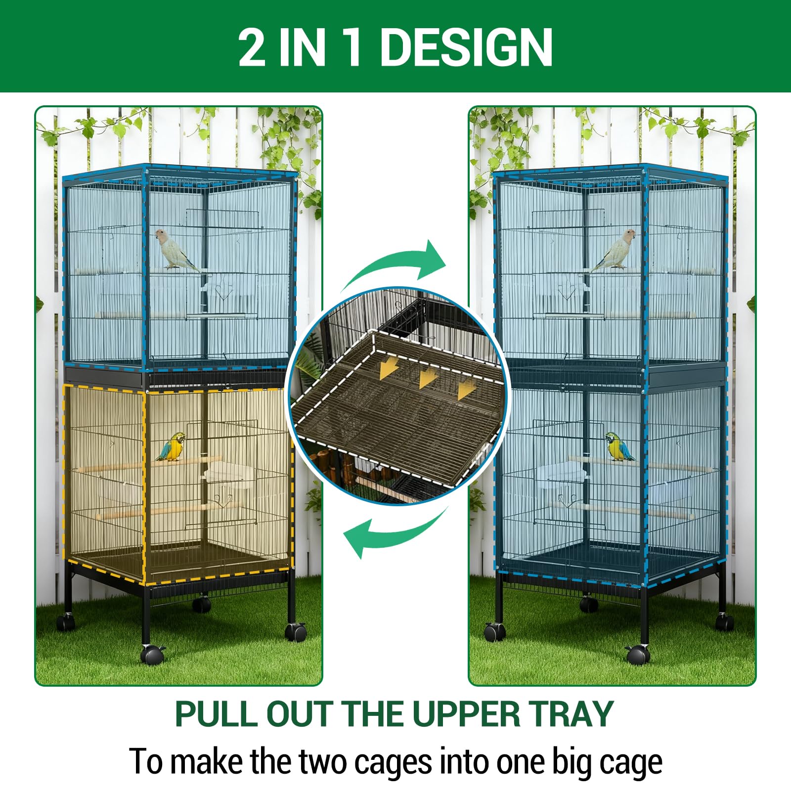 Vogelkäfig Groß 52 x 50x143cm, Papageienkäfig mit Ständer, Voliere auf Rollen, Birdcage mit 4 Sitzstangen, Vogelvoliere mit Rollen, Nymphensittich Käfig, Vogelkäfig Wellensittich