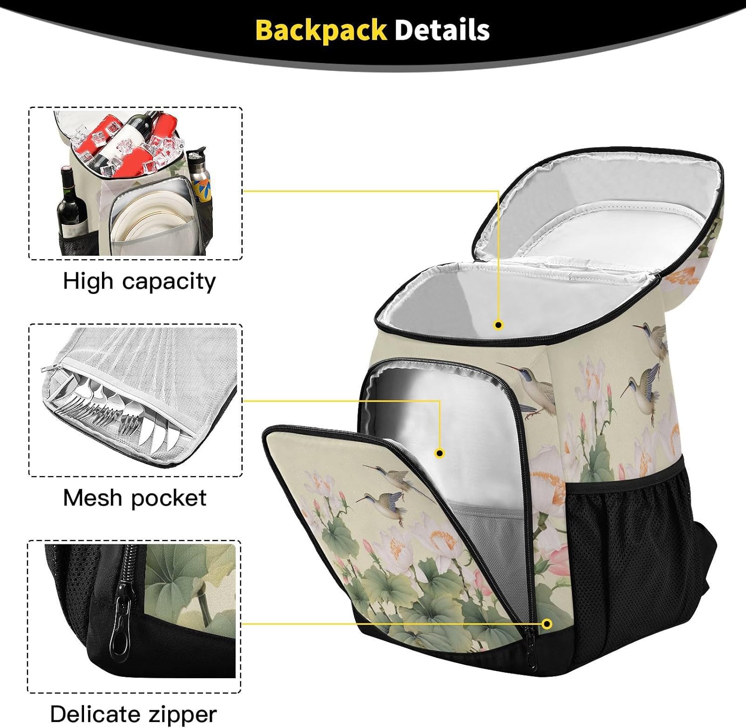 Beautiful Lotus Cooler Backpack 36 Cans Leakproof Waterproof Backpack Cooler Bag Beach Accessories Travel Camping Fishing Backpack for Women Men