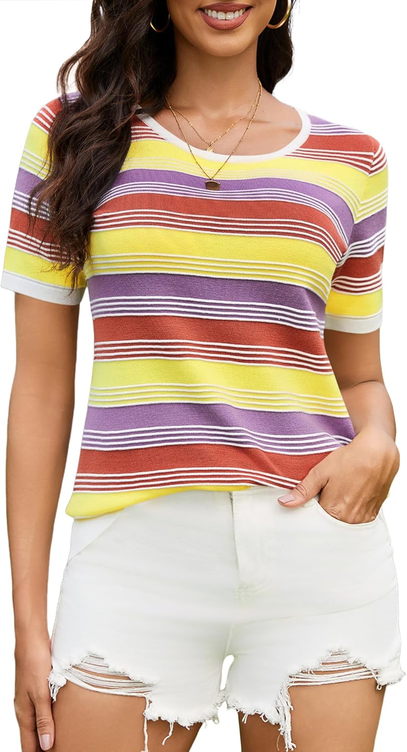 LUYAA Short Sleeve Sweater for Women Spring Summer Crochet Tops Crewneck Ribbed Casual Lightweight Pullover Sweaters - Image 2