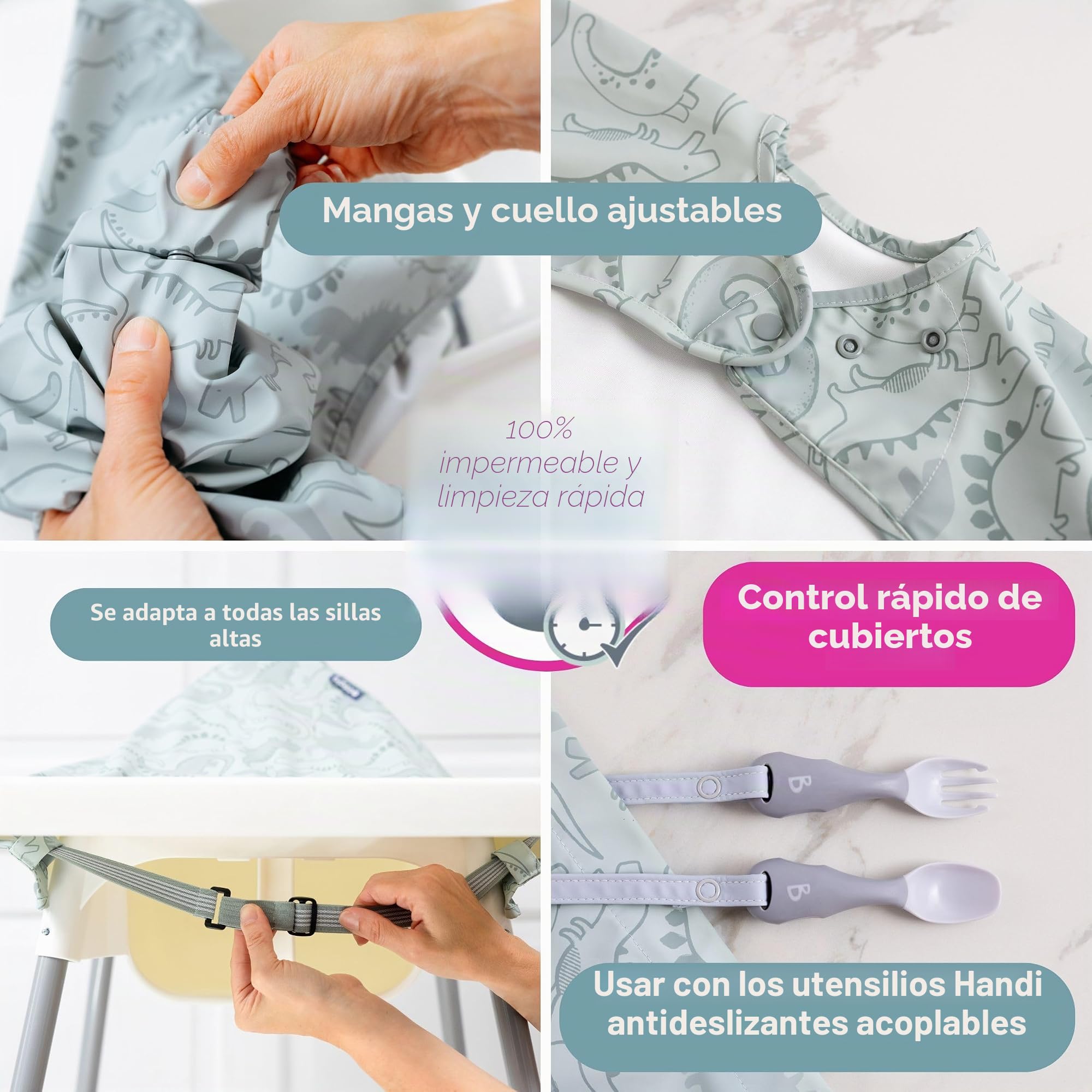BIBaDO Coverall Weaning Bib - Toddler Baby Long Sleeve Bibs for Ages 6-36 Months Attaches to Highchairs Pushchairs Tables - Waterproof Machine Washable. Mess Proof Feeding BLW Bibs