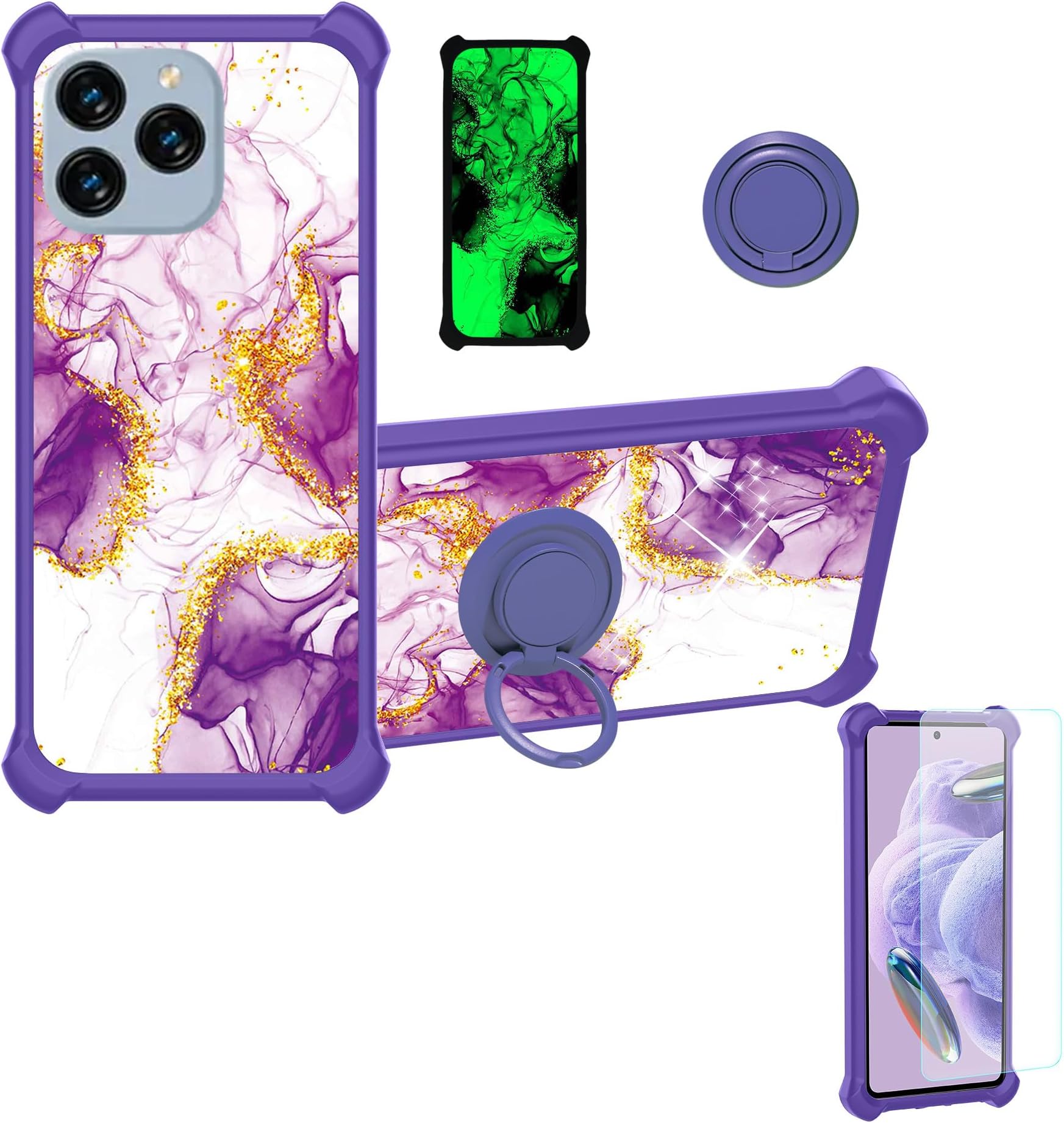 Case for Kxd Classic A07 Phone Case Cover [with Tempered Glass Screen Protector][Hard PC + Soft Silicone][Ring Support] [Gold Glitter+Luminous] JSZ-ZDL