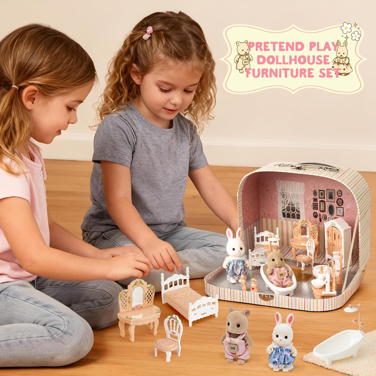 Suitcase Dollhouse Furniture Set for Kids, Mini Dollhouse Box with 2 Flexible Dolls and Bedroom&Bathroom Furnitures, Pretend Play Accessories Christmas Birthday Gift for Toddlers Ages 3+