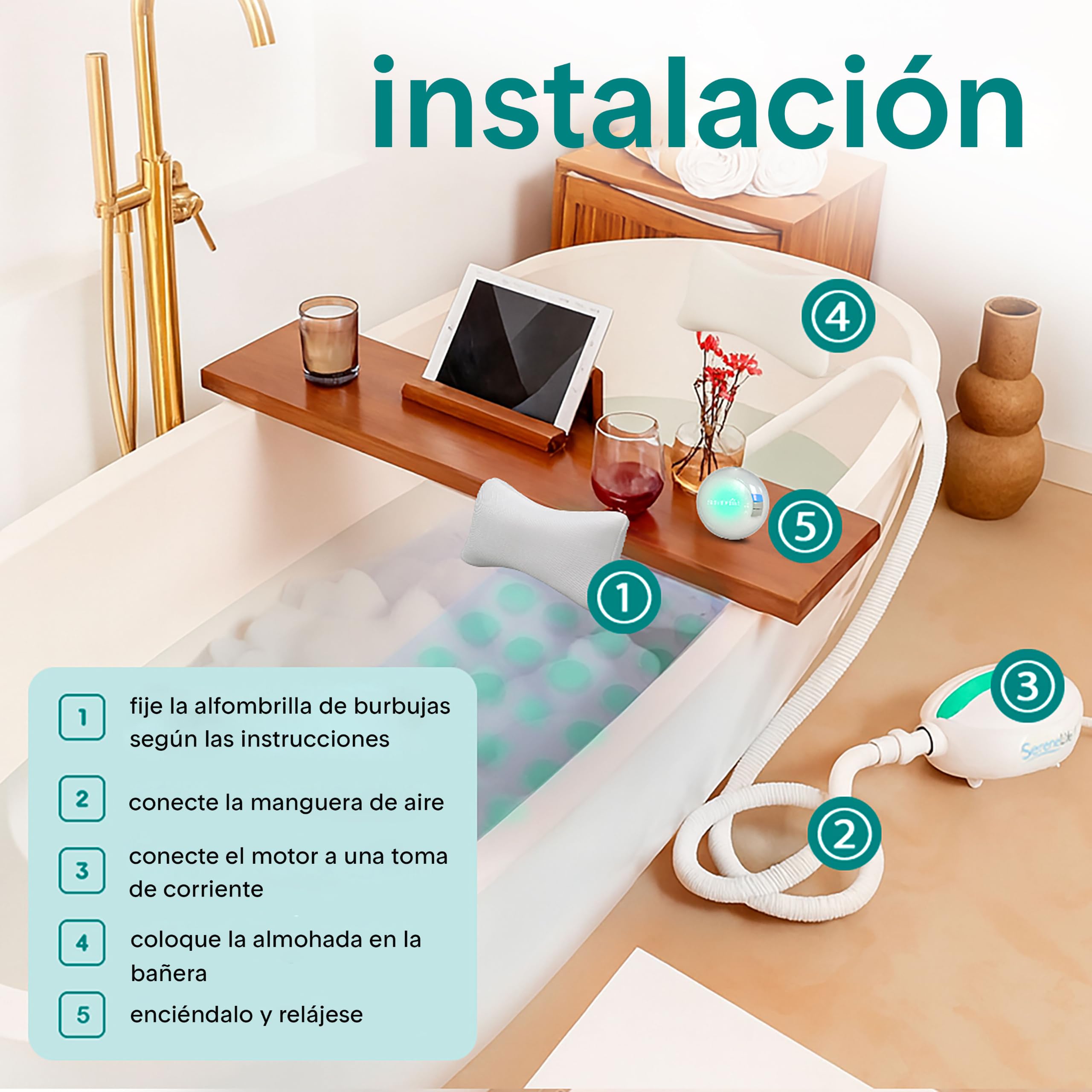 SereneLife Manta de Hidromasaje para Bañera con Burbujas, SPA Portatil con Luz LED Impermeable, Almohada, Intensidad Ajustable, Mando a Distancia, Relajante