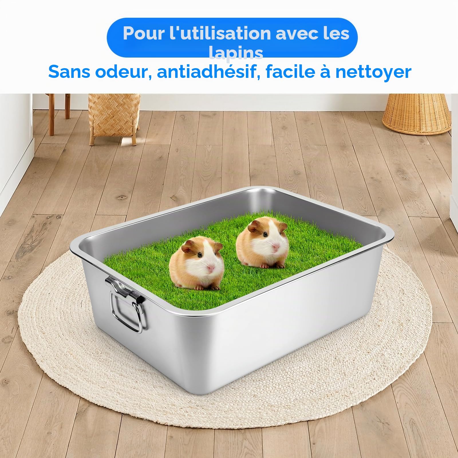 Bac à litière Chat, Bac en Acier Inoxydable avec poignée, Plateau d'alimentation Rabattable, Anti-odeurs, Surface Lisse antiadhésive (45x35x15cm)